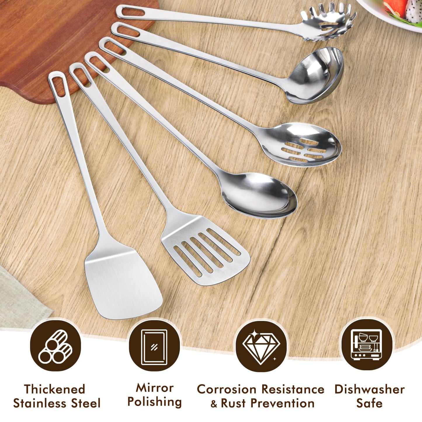 6 Pcs Cooking Utensils Set, Stainless Steel Kitchen Utensils, Heat Resistant Metal Kitchen Tools Include Solid & Slotted Turner Wok Spatula, Serving Spoon, Ladle, Pasta Server, Easy to Clean, Silver
