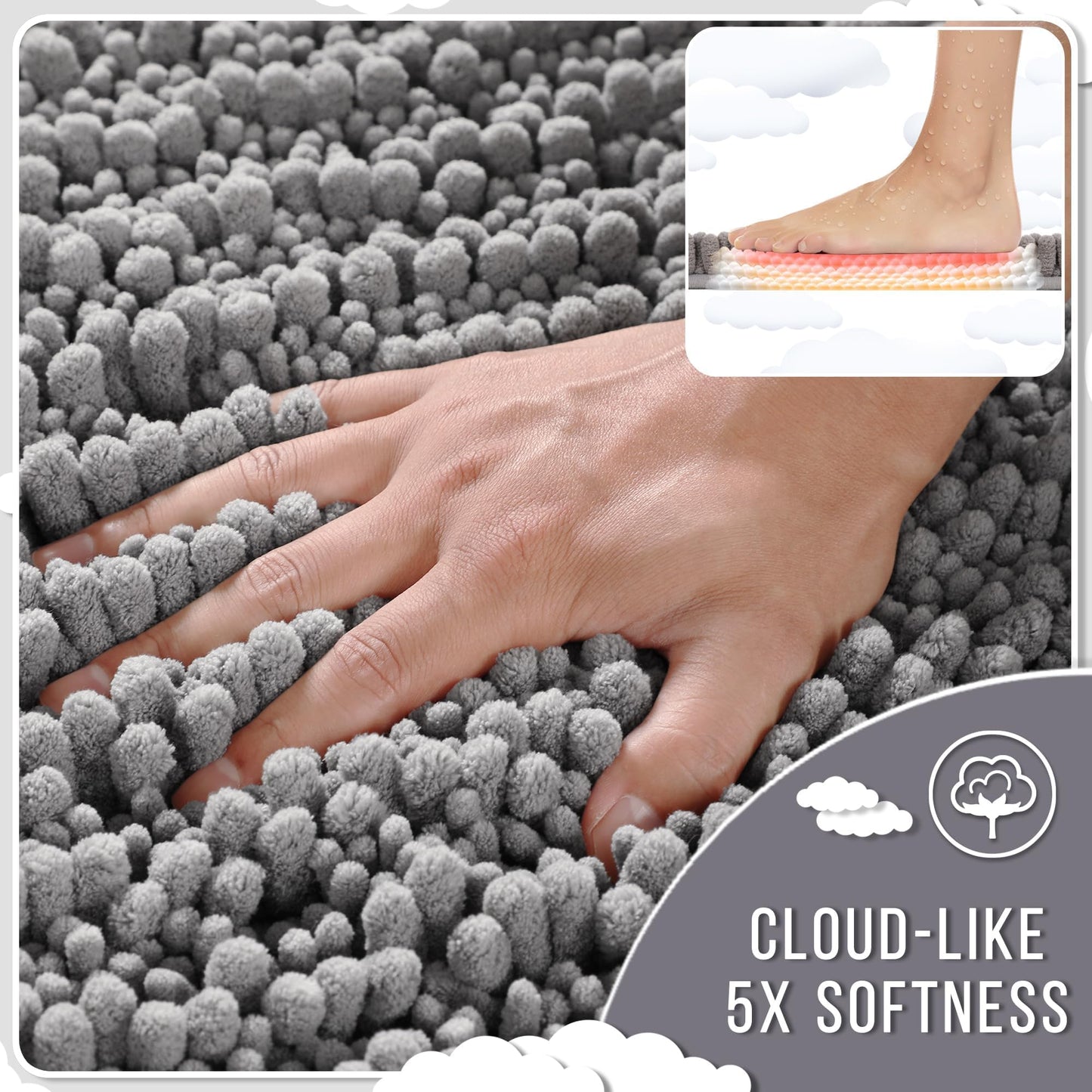 Yimobra Bathroom Rug Set 3 Piece - Super Absorbent Quick Dry Chenille Bath Mats & Toilet Rug, Non Slip Machine Washable, Extra Thick Shaggy Floor Mat for Shower Tub Sink, Grey