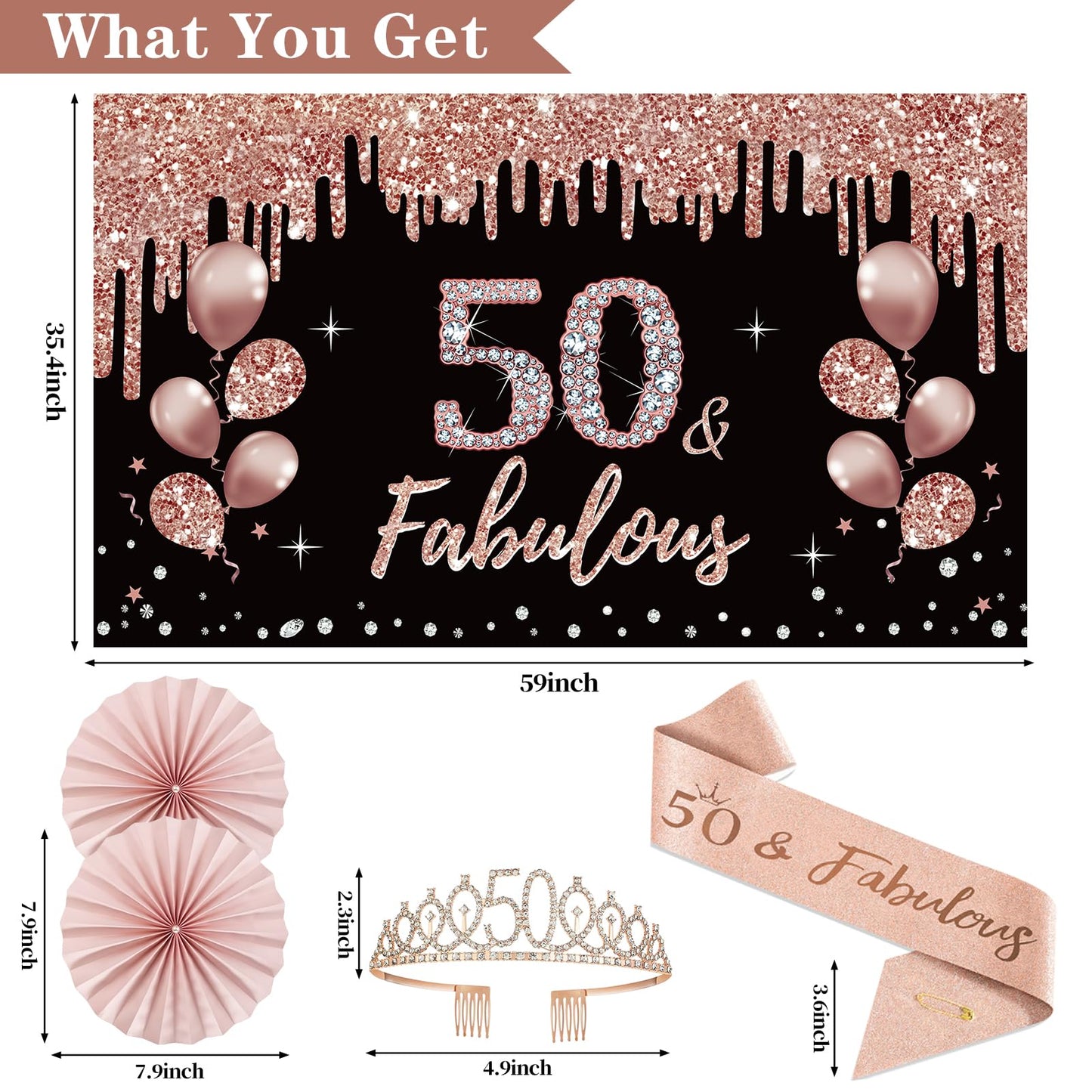 50th Birthday Decorations for Women, 33pcs 50th Birthday Crown and Sash, Black Rose Gold Happy 50th Birthday Banner Balloons Backdrop Hanging Swirls Paper Fans, 50 Years Old Birthday Decorations Kit