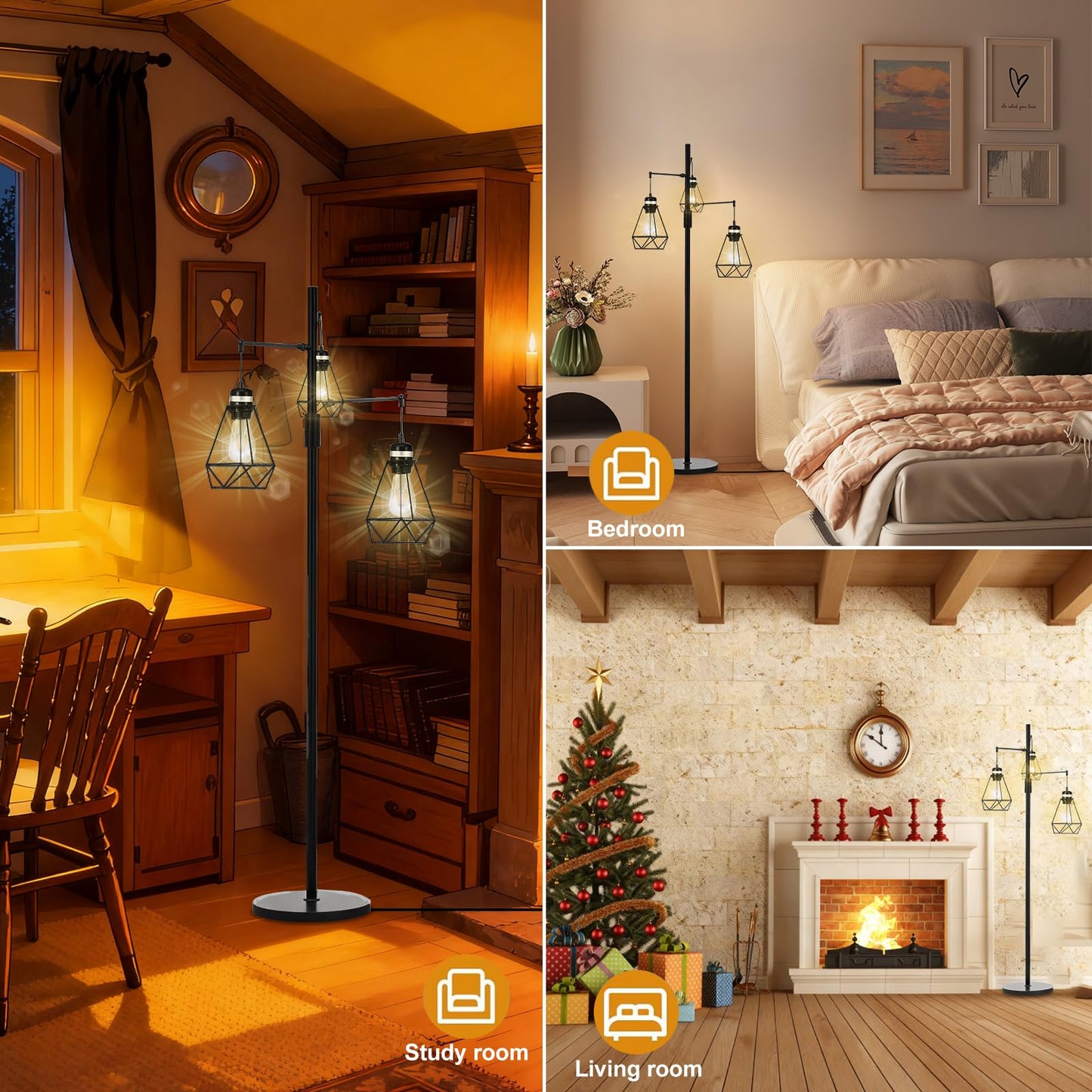 NUNET Boho Industrial Farmhouse Floor Lamp with Stepless Dimming & 3 Adjustable Cage Shades - Vintage Rustic Tall Standing Light for Living Room/Office, Includes Edison Bulbs, Weighted Base