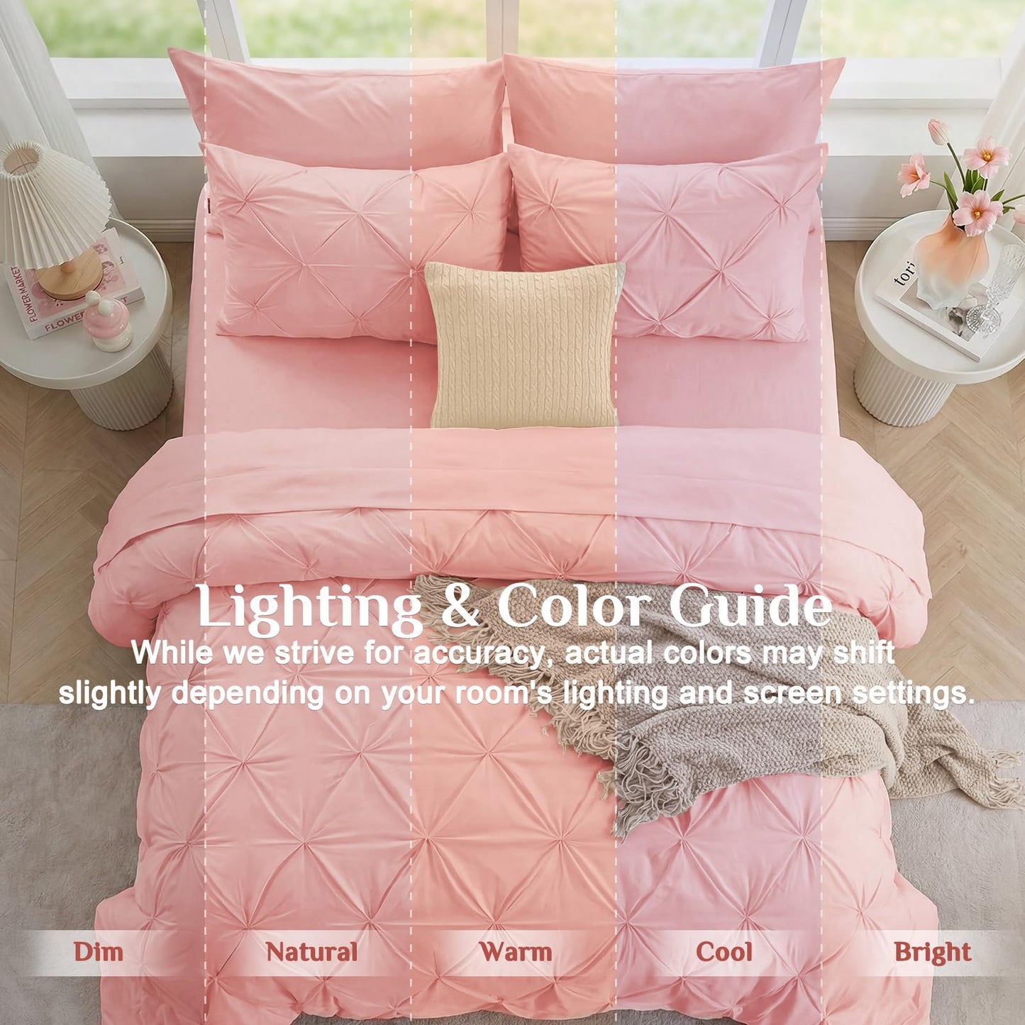 JOLLYVOGUE King Size Comforter Set 7 Pieces - Bed in a Bag King for All Season, Pintuck Bedding Comforter Sets with Comforter, Flat Sheet, Fitted Sheet and Pillowcases & Shams, Pink