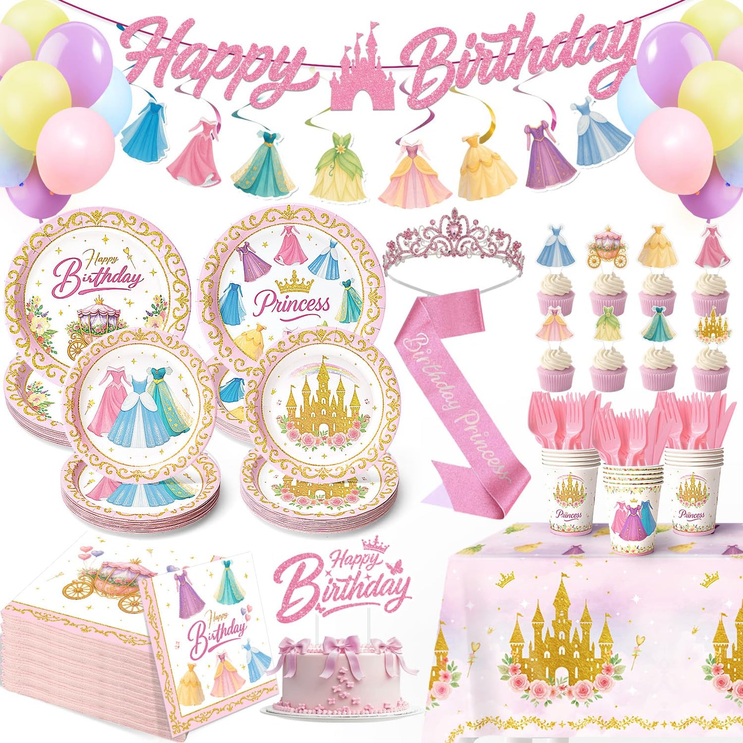 Princess Birthday Party Decorations – 199 PCS Princess Party Supplies for 24 Guests, Includes Plates, Cups, Napkins, Tablecloth, Castle Banner, Balloons, Cupcake Toppers, Tiara & Sash