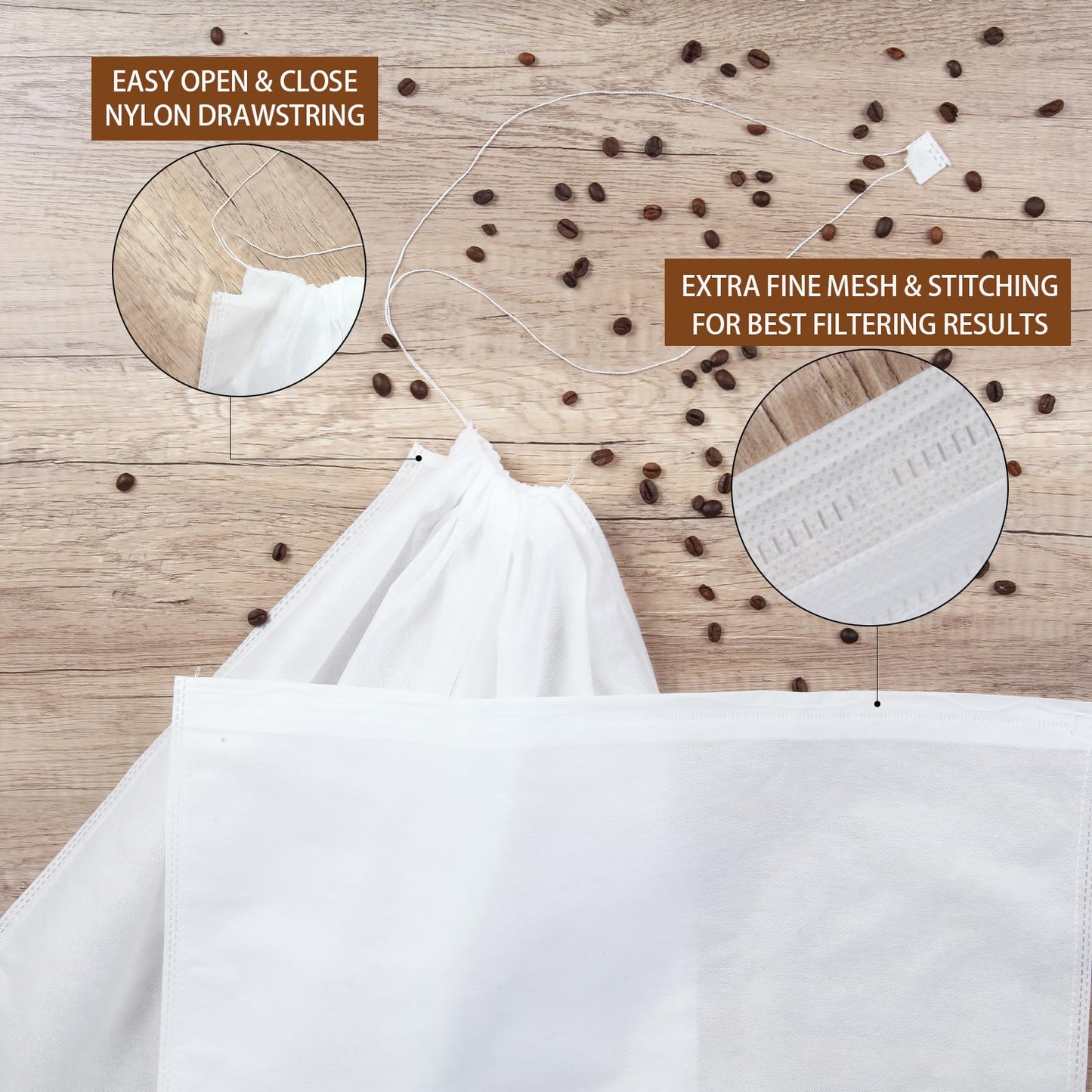50Pcs Commercial Cold Brew Coffee Filters for 5 Gallon Buckets, 20" X 20" Disposable Coffee Filters with Drawstring for Brew Up To 5 LBS Coffee