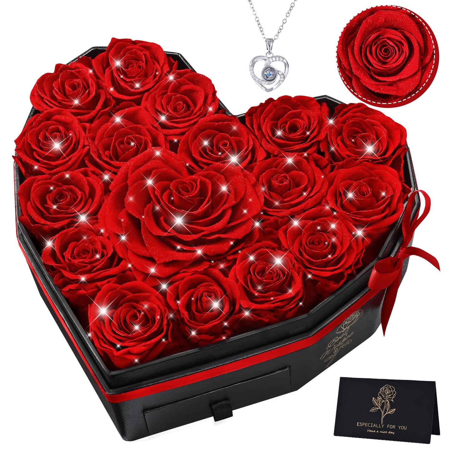 MARTINE MALL 17 Forever Flowers for Delivery, Mothers Day Birthday Gifts for Women Mom Glitter Preserved Real Roses in a Box Gifts for Girlfriend Wife Lasting Eternal Flowers with Necklace, Red