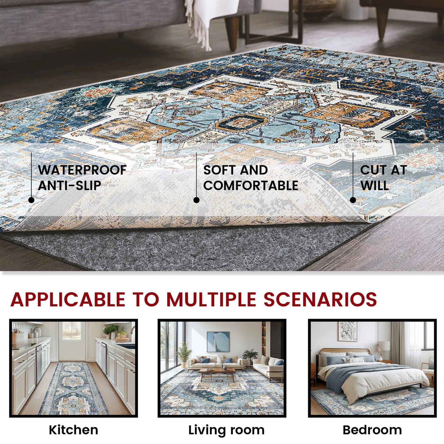 Waterproof Rug Pad, 6x9 ft Area Rug Non-Slip Carpet Pad, Non-Slip Rug Pads for All Floors and Finishes, Felt Pad for Hardwood Floors, Keeps Carpets in Place Soft and Safe