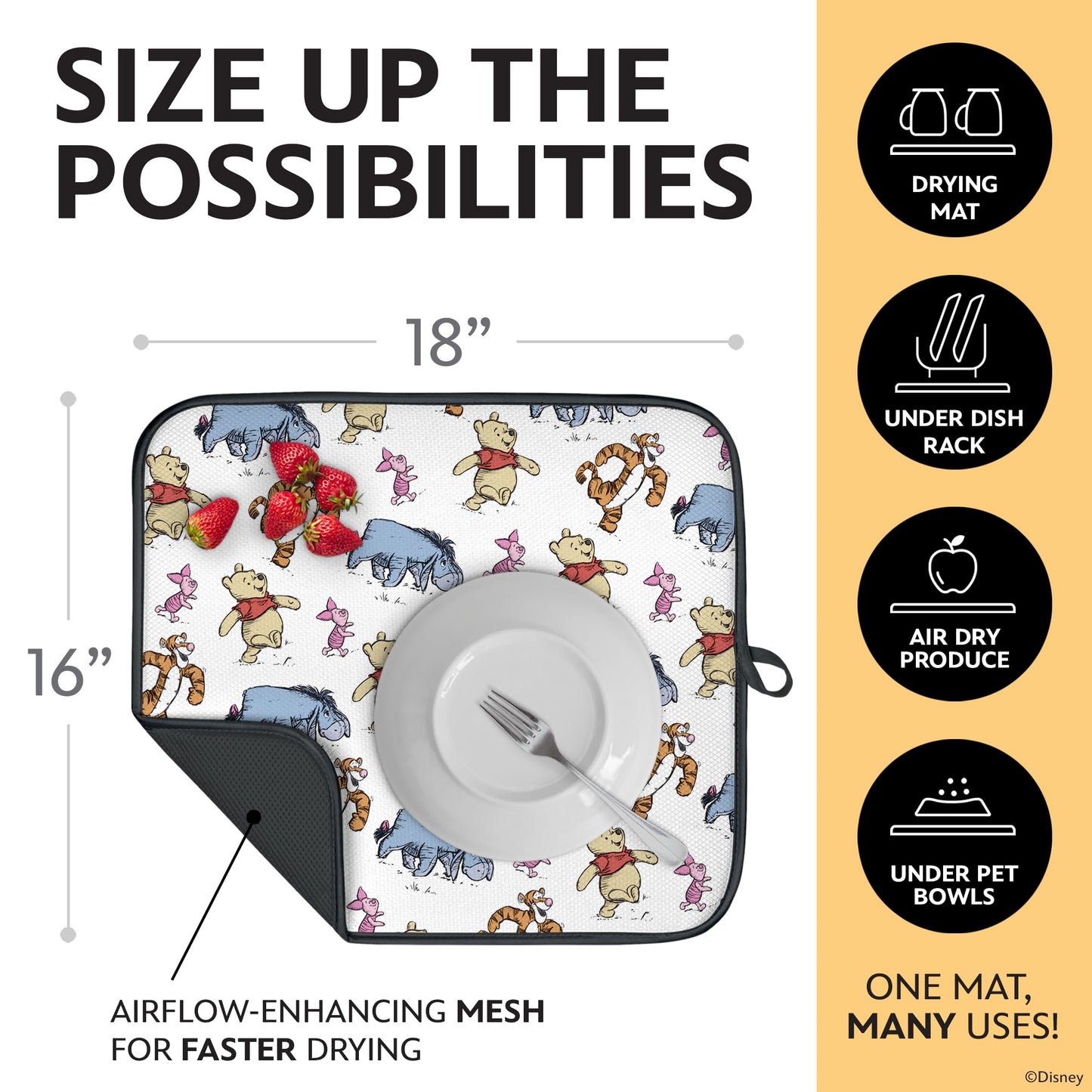 Disney Dish Drying Mats for Kitchen Counter (2 Pack) – 16" x 18" Absorbent Kitchen Drying Mats for Dishes – Mickey & Minnie, Winnie the Pooh, & Stitch Dish Mats