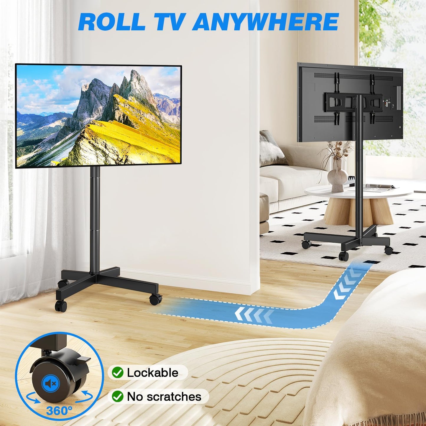 Rfiver Mobile TV Cart Rolling TV Stand for 23-65 Inch Screens, Portable TV Stand on Wheels with Tilt and Height Adjustable, Outdoor TV Mount Stand Holds up to 88 lbs for Home Office MAX VESA 400x400mm