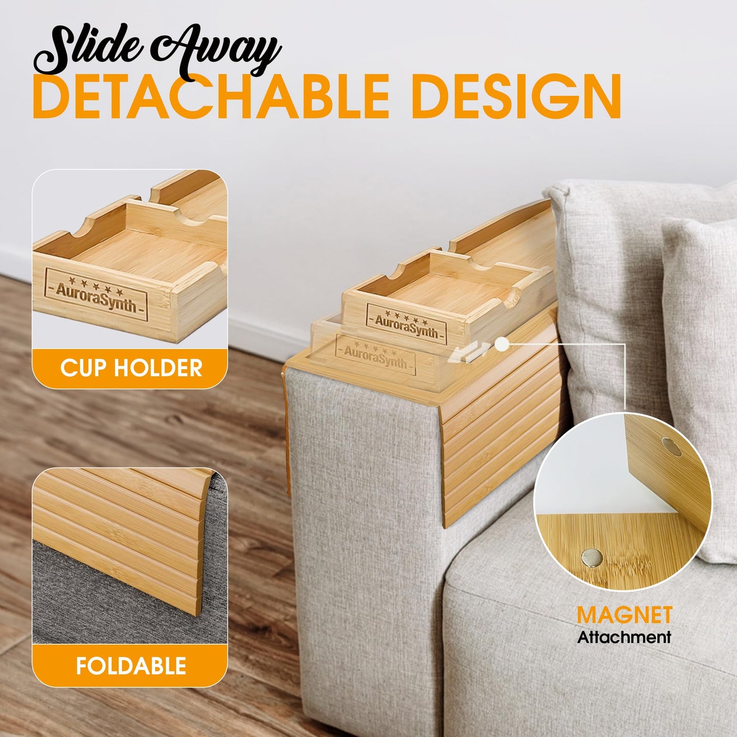 Bamboo Couch Cup Holder Tray with 2 Cork Coasters, Couch Arm Tray, 2 in 1 Anti-Slip Foldable Sofa Arm Tray, Couch Armrest Table, Anti-Spill Couch Arm Table for Drinks TV Remote Cellphone Snacks