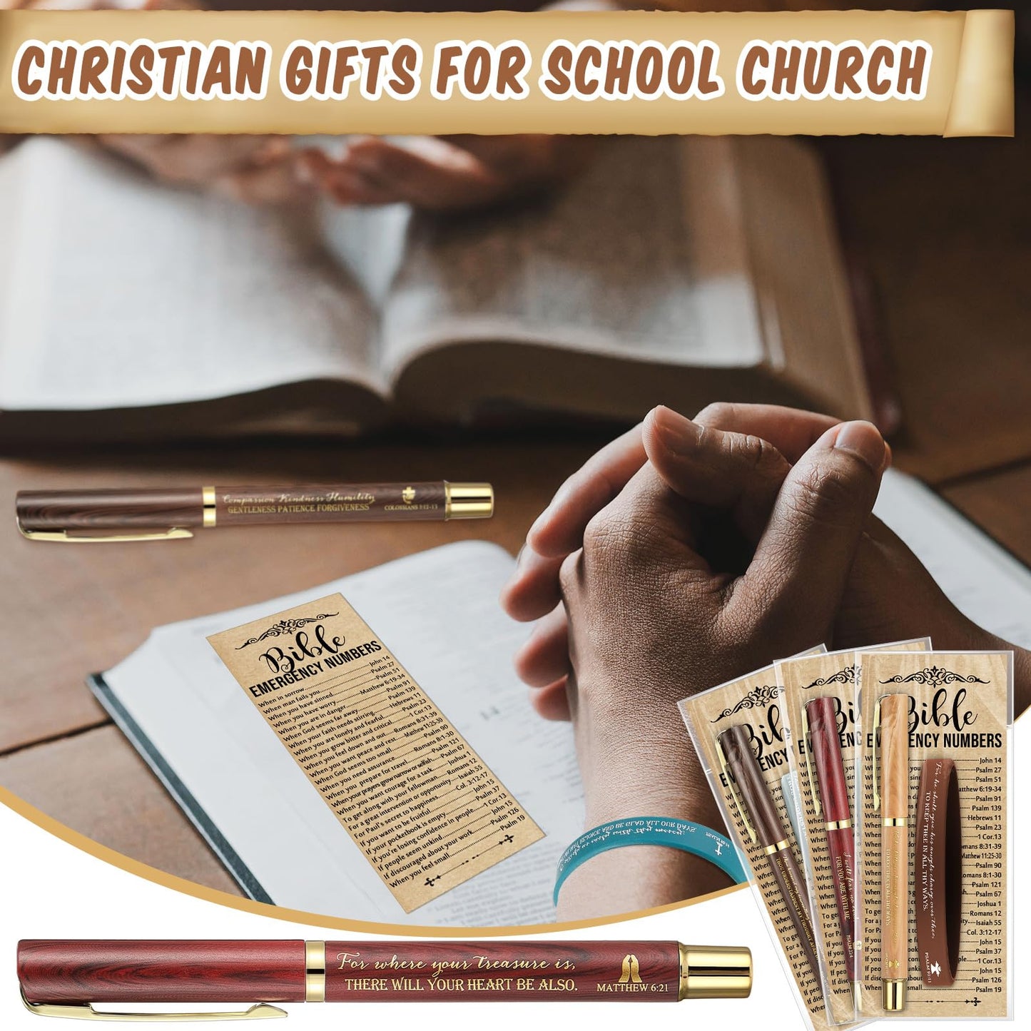 Feifeiya 50 Sets Father's Day Christian Gifts Bulk for Men, Bible Verse Gel Pens with Religious Wristbands and Bible Emergency Numbers Bookmarks, Religious Gift Set for Dad Grandpa Church Members