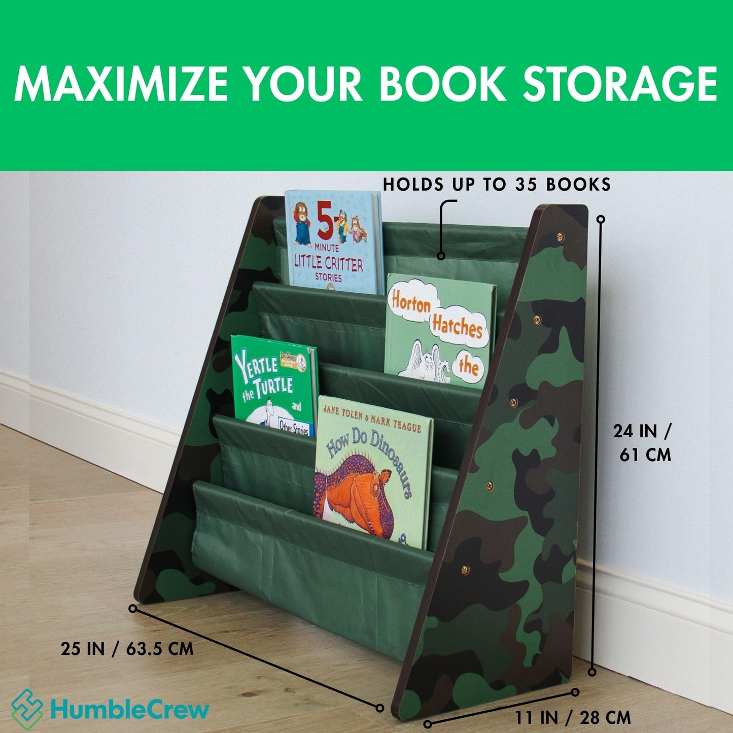 Humble Crew 4-Tier Kids Bookshelf, Camo Wood/Green - Premium Book Shelf for Kids Rooms with Four Deep Pockets - Toddler Sling Book Rack with Deep Sleeves, Nursery Bookcase Organizer