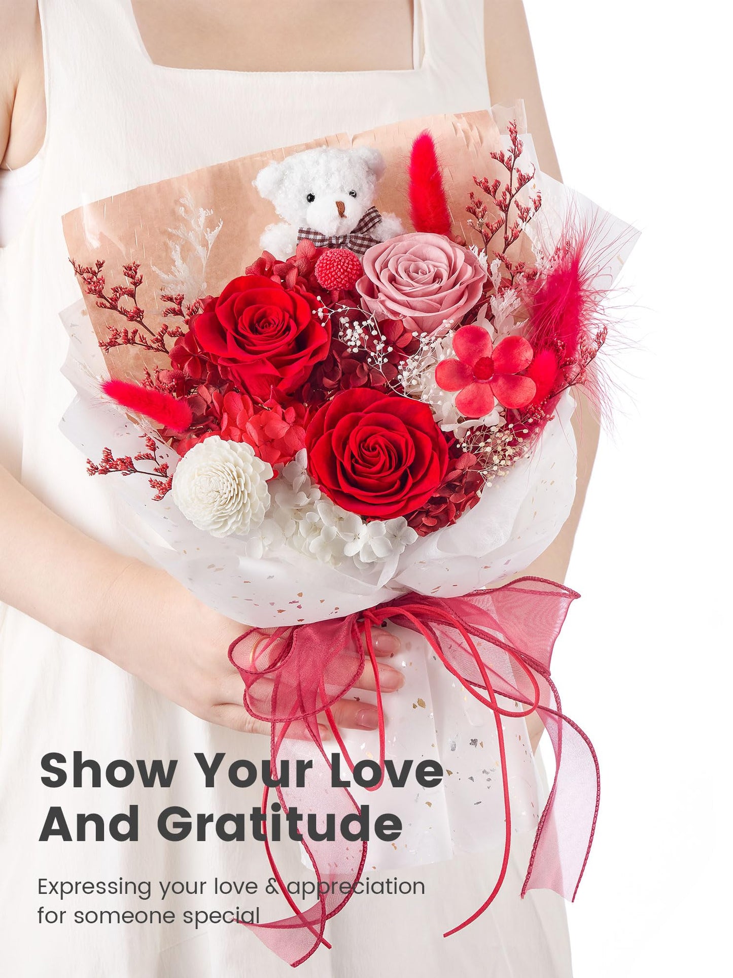 Polylove Forever Flower Bouquet Flowers for Delivery Prime Preserved Roses with Bear Gift Box for Wife Women Mother Day Anniversary Birthday (Red)