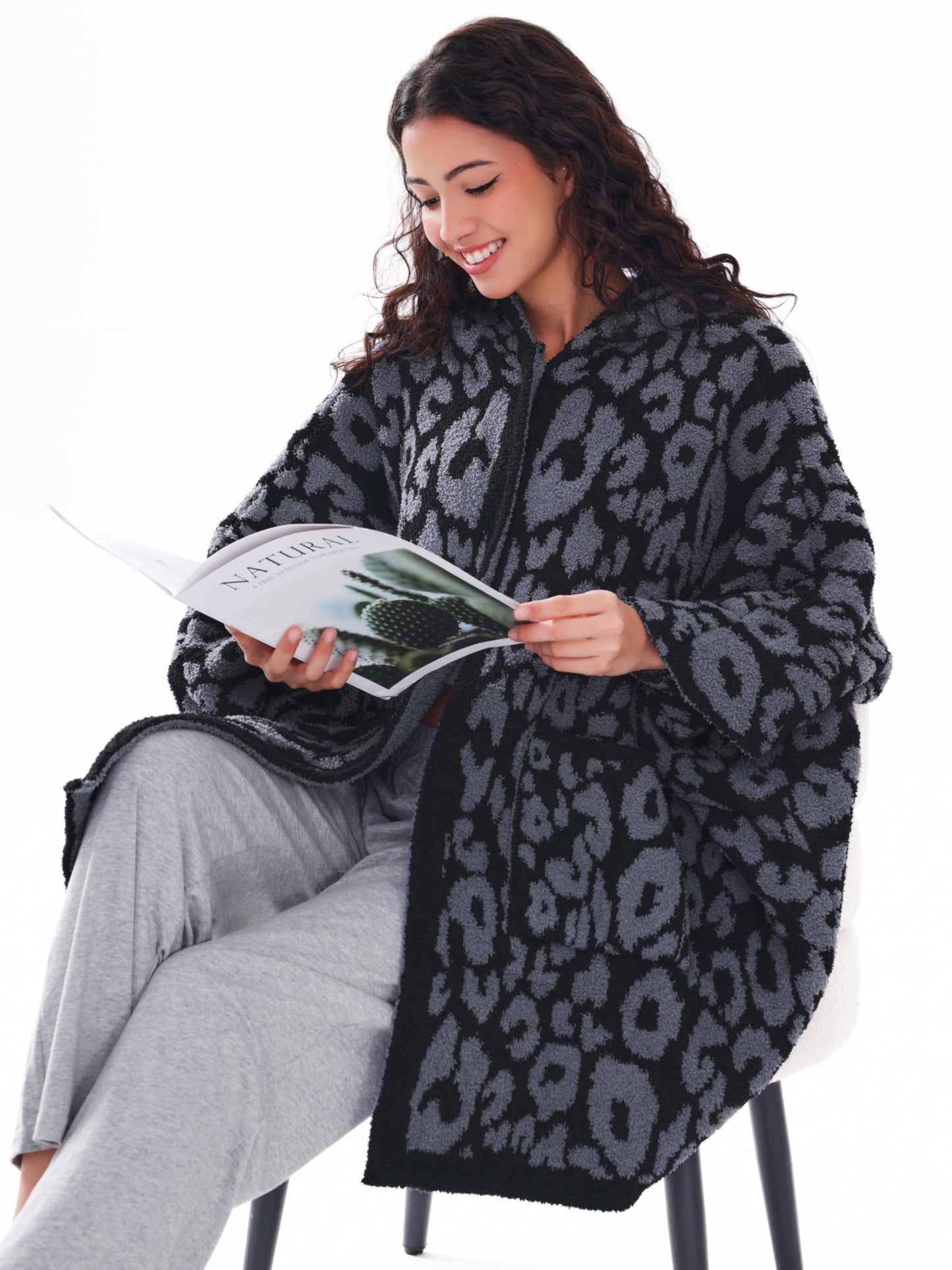 WDCOZY Wearable Blanket Hoodie Poncho Throw Comfy Soft Warm Cape Shawl Cozy Cloak Wrap Hooded with Sleeves For Adults Leopard
