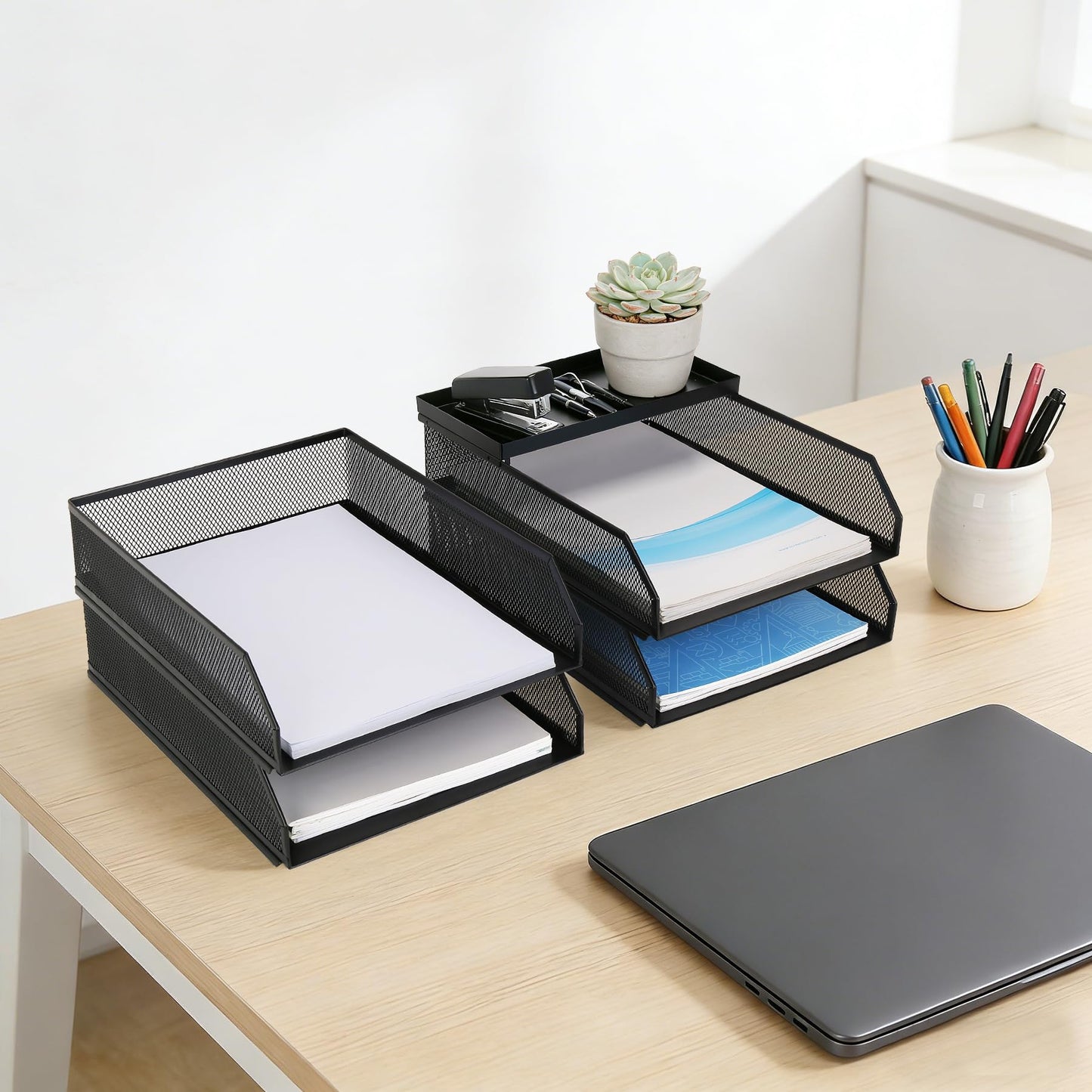 AZFUNN 4 Tier Paper Organizer for Desk, Stackable File Trays, Front-Load Metal Mesh Letter Tray & Stacking Supports Storage Organization for Office Home Classroom (Black)