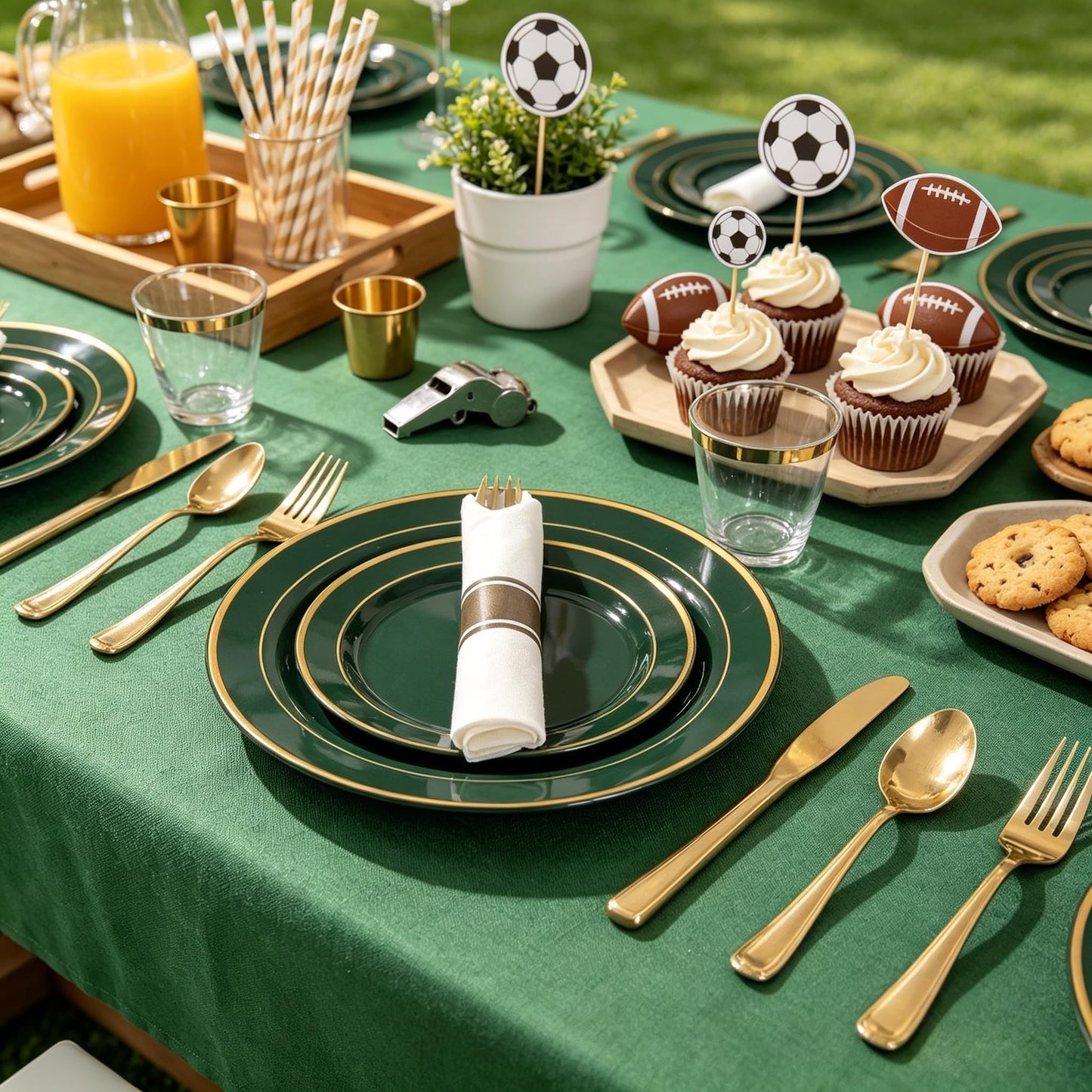 WDF Partyware 350PCS Green and Gold Plates - Green Plastic Plates 50Guests Plastic Plate with Rolled Napkins for Party/Birthday/World Cup 2026