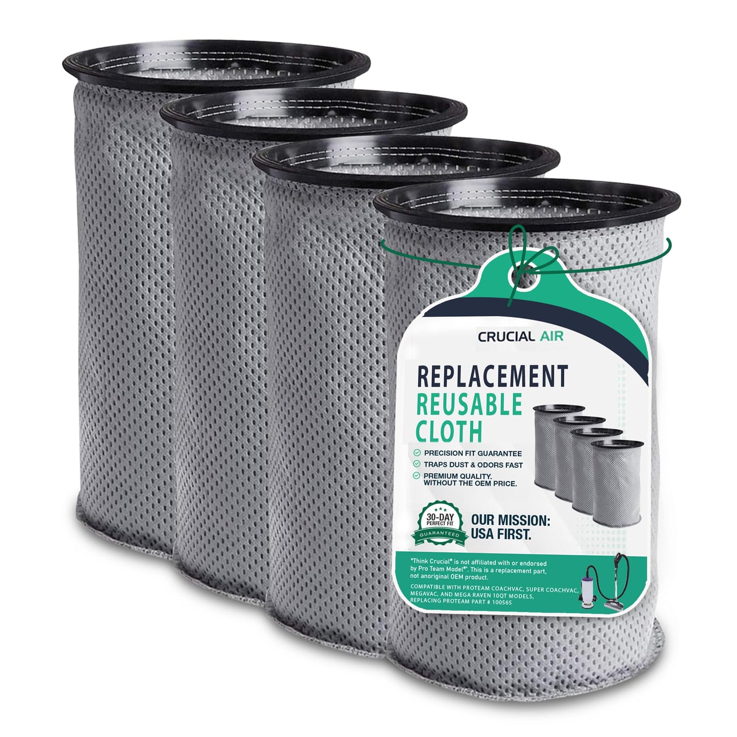 4 Replacement Reusable Cloth 10QT Vacuum Bags – Compatible with ProTeam Part # 100565 - Fits ProTeam Coachvac, Super CoachVac, MegaVac & Mega Raven 10QT – (4 Pack) by Think Crucial