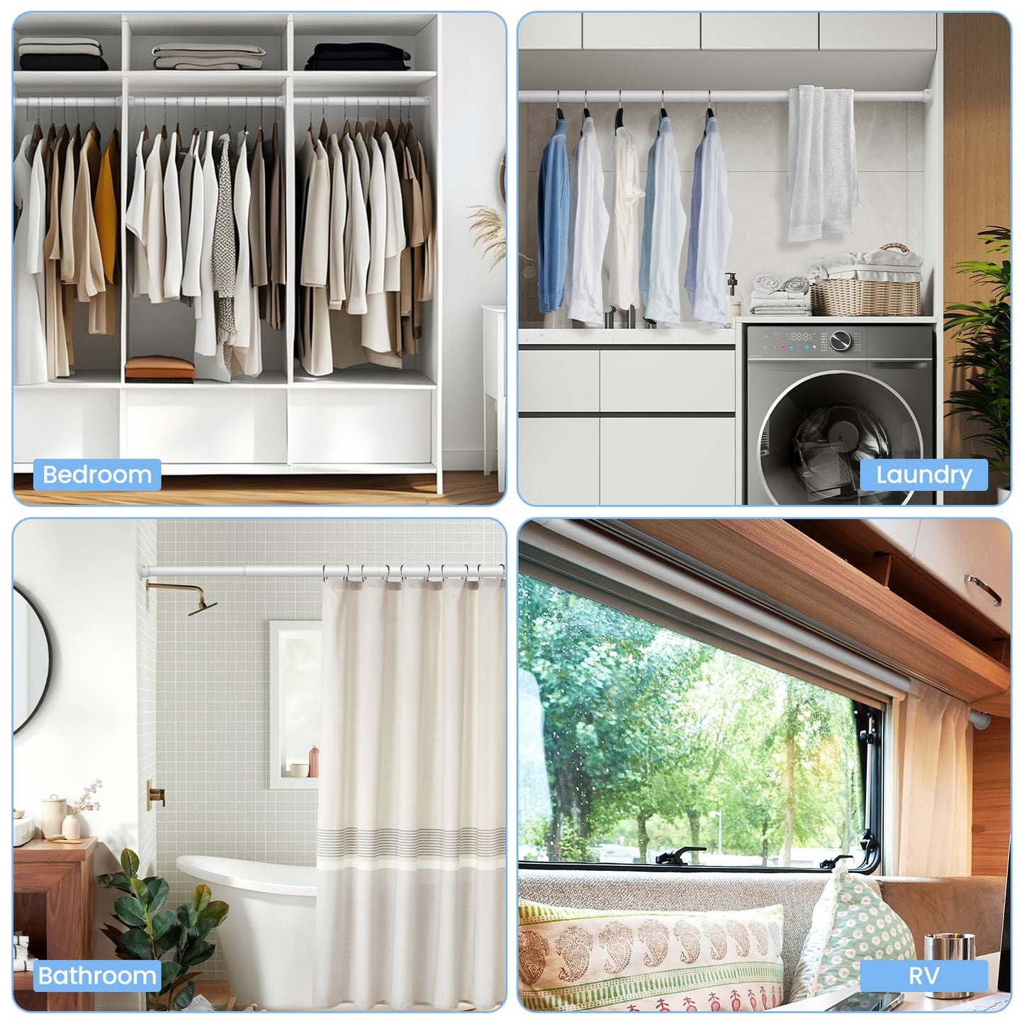 Ruiony 2 Pack Closet Rods for Hanging Clothes, 17 to 84 Inch Heavy Duty Stepless Adjustable Closet Hanging Rod, 1.3 Inch Diameter Metal Closet Rod for Wardrobes Laundry Bedroom RV, White