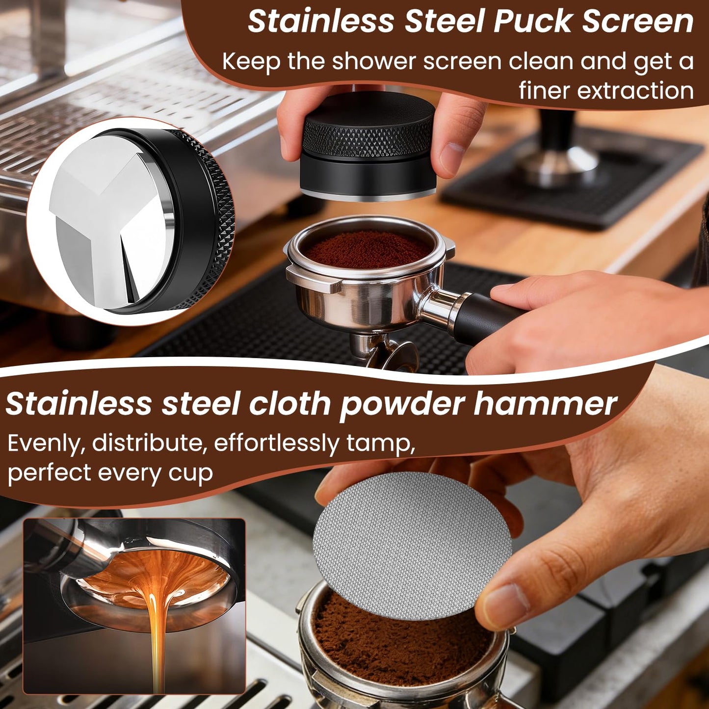 CEILUPY 9 Pack Espresso Tamper Station&Coffee Distributor Tamper&Espresso WDT Stirrer&Coffee Tamping&Brush&Coffee Dosing Funnel&Espresso Puck Screen, Latte Art pen and Towel (54 mm)