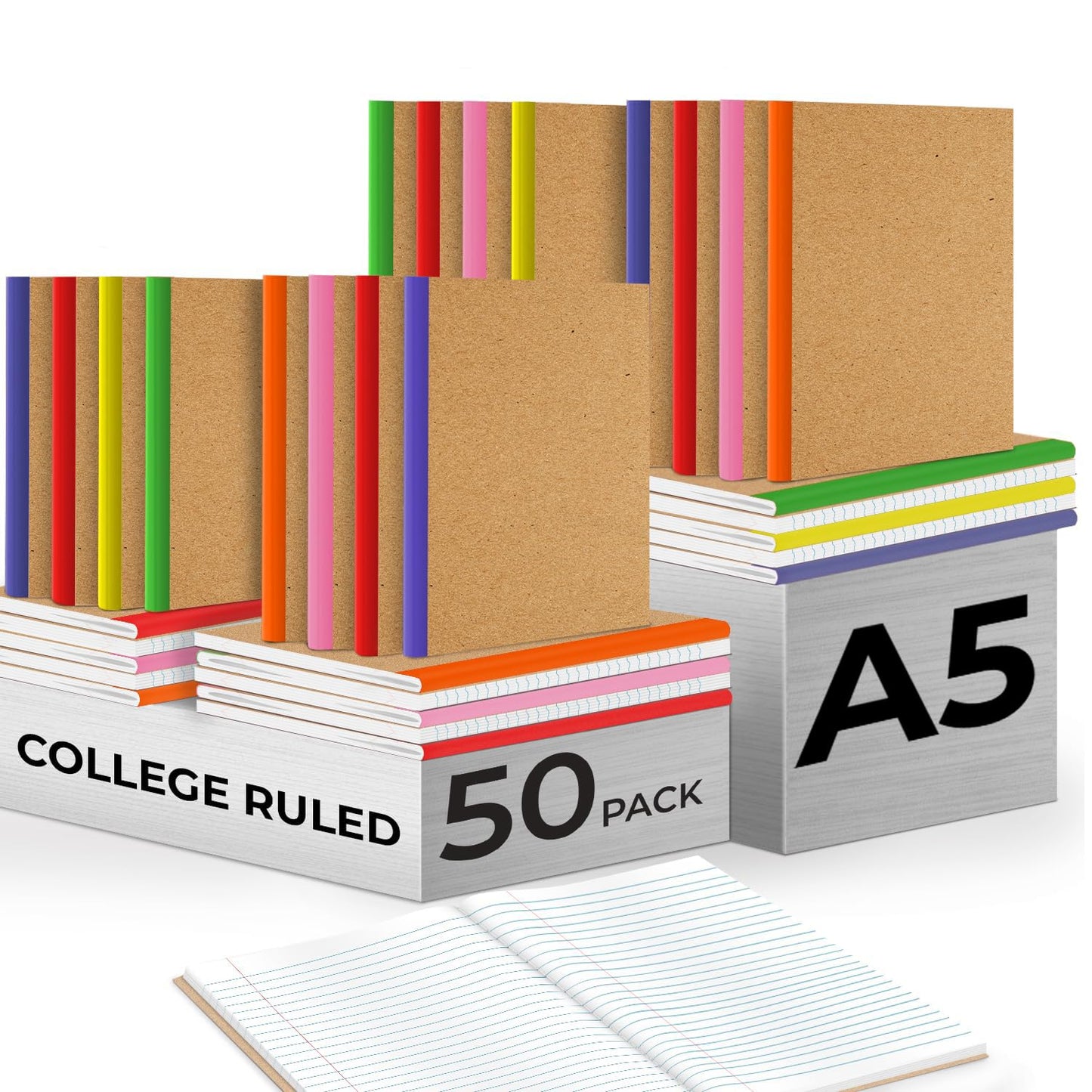 Rosmonde 50 Pack Bulk Kraft Journals, A5, Extra Pages - 120 Pages (60 Sheets), College Ruled, 8 x 5.7, No-Bleed Paper, Bulk Composition Notebooks Lined, Kraft Composition Notebook for School