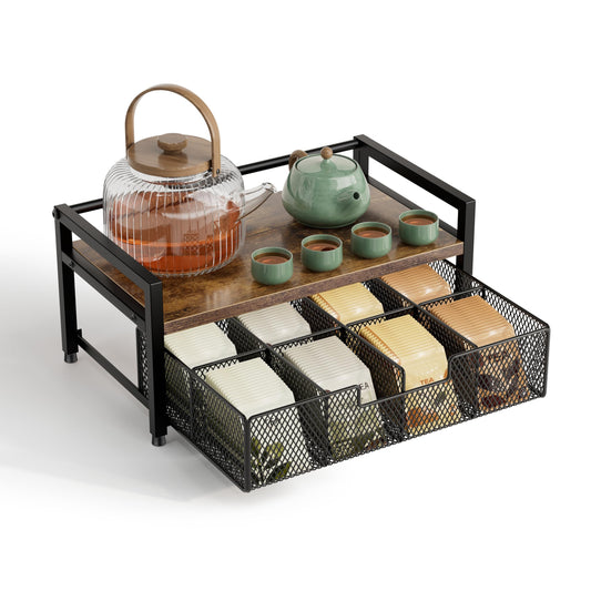 Segtenant Tea Bag Organizer, Tea Bag Holder with Drawer, Wood and Metal Tea Organizers and Storage Chest for Countertop Kitchen, Office, Rustic Brown