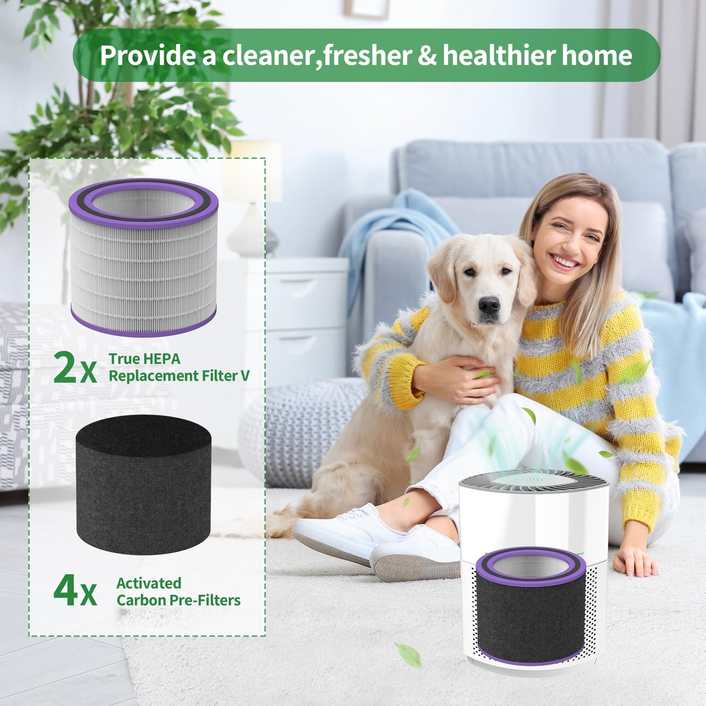 FLT151 Replacement Filter V Pet Pure HEPA Compatible with AC3000W, AC3000B, AC3050, AP3151W, AC151 Airsafe Air Purifiers, 2 H13 HEPA + 4 Carbon Pre-Filter, FLT151PT for Pet Pure