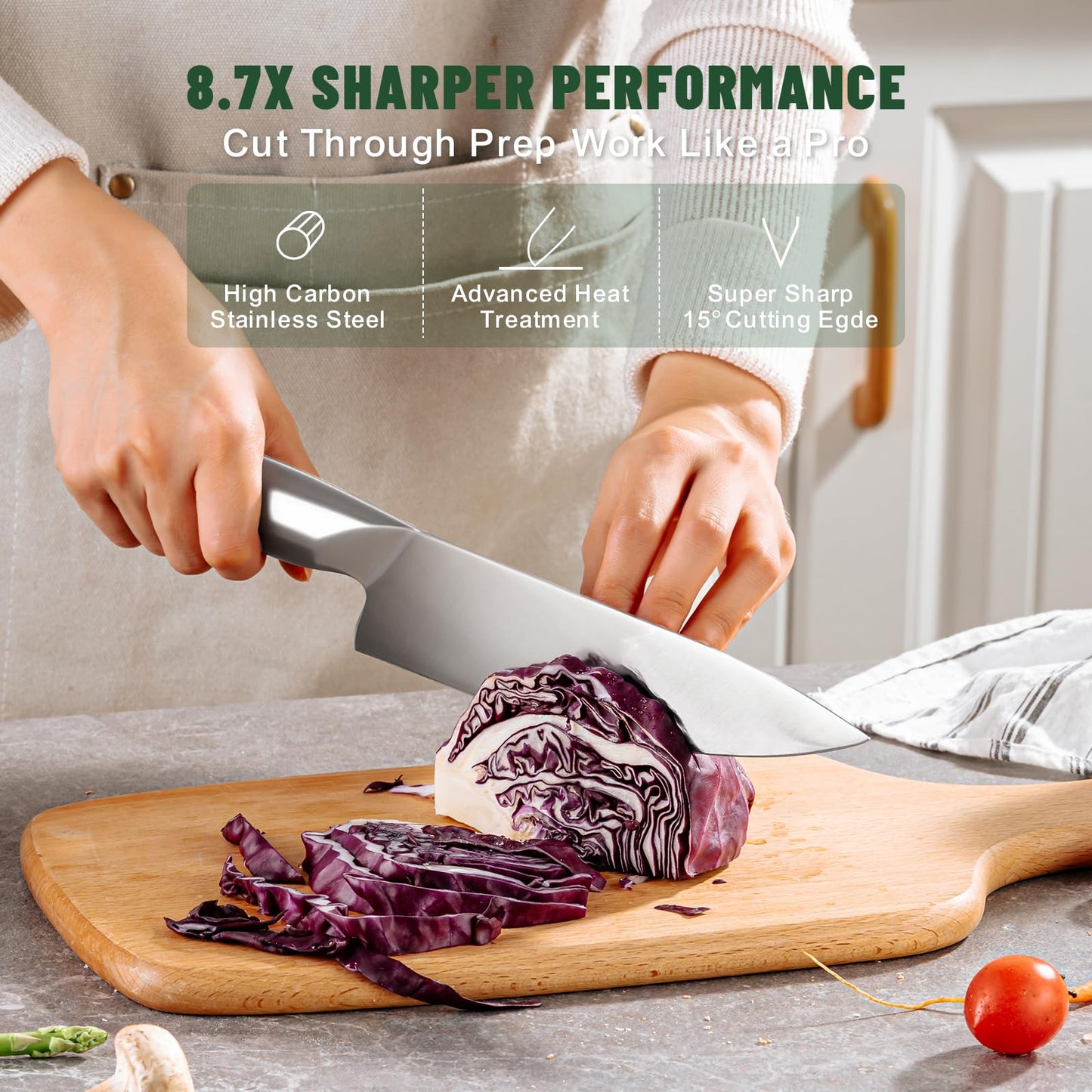 Knife Set, EWFEN 14-Piece Kitchen Knife Set with Block, German Stainless Steel Knives with Built-in Knife Sharpener, Anti-Slip Sharp Knives Set for Kitchen, Dishwasher Safe, Curved Handle
