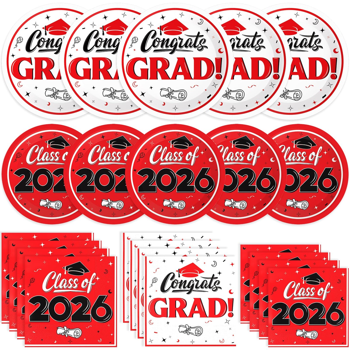 BAIVV Graduation Decorations 2026, 200 Pcs Class of 2026 Graduation Party Supplies Kit with Paper Plates, Luncheon and Cocktail Napkins, Congrats Grad Decorations for 50 Guests (Red)