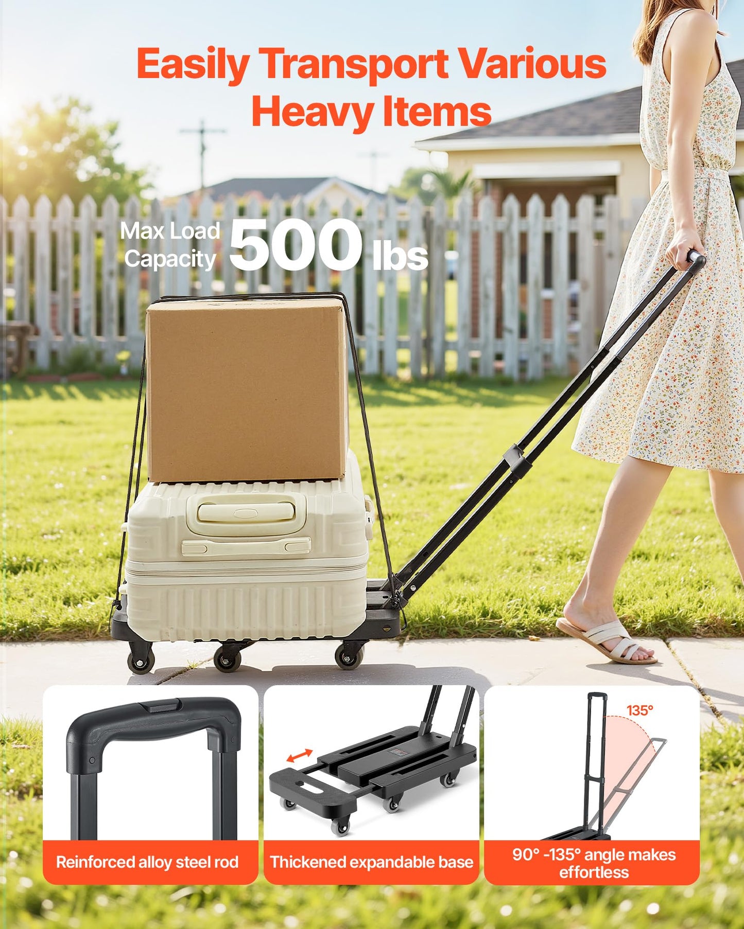 VEVOR Folding Hand Truck, 500 lbs Load Capacity, Collapsible Luggage Cart with 6 Wheels, 2 Elastic Ropes & Expandable Base, Utility Dolly Platform Cart for Airport Travel Luggage Office Moving, Black