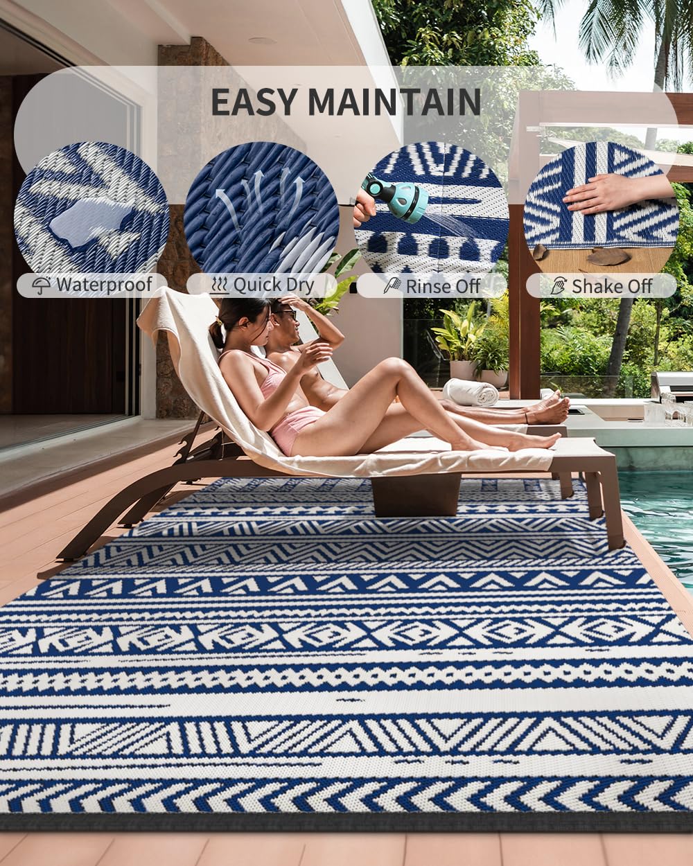 MontVoo-Outdoor Rug Carpet Waterproof 5x8 ft Reversible Patio Rug RV Camping Rug-Plastic Straw Rug Outside Indoor Outdoor Area Rug for Patio Deck Balcony Picnic Beach Outdoor Decor Boho Navy Blue