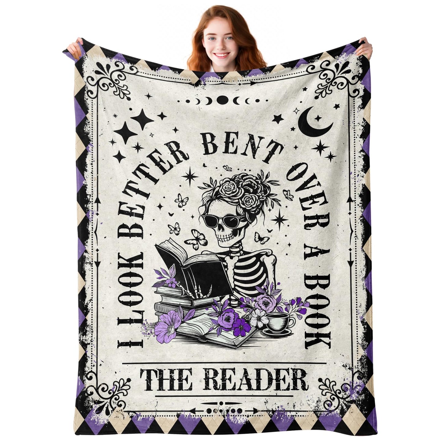 Book Lovers Gifts - Smutty Book Lover Gifts for Women - Skeleton Reading Blanket for The Reader - Bookworm Bookish Books Club Librarian Reading Gift - Gothic Spicy Blanket for Christmas Birthday 50x60