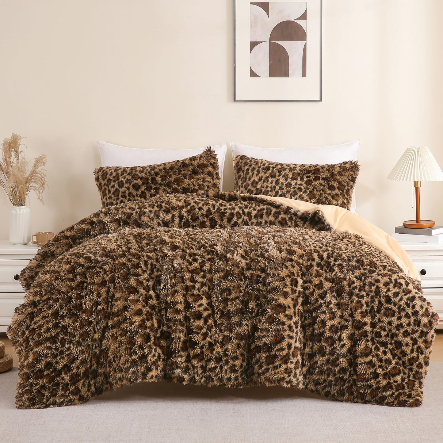 Melo10PM Cheetah Print Fluffy Faux Fur Comforter Set Full Size, 3 Pieces Brown Leopard Plush Shaggy Fuzzy Bedding Set, Ultra Soft Luxury Furry Boho Animal Print All Season Comforter for Women Girls