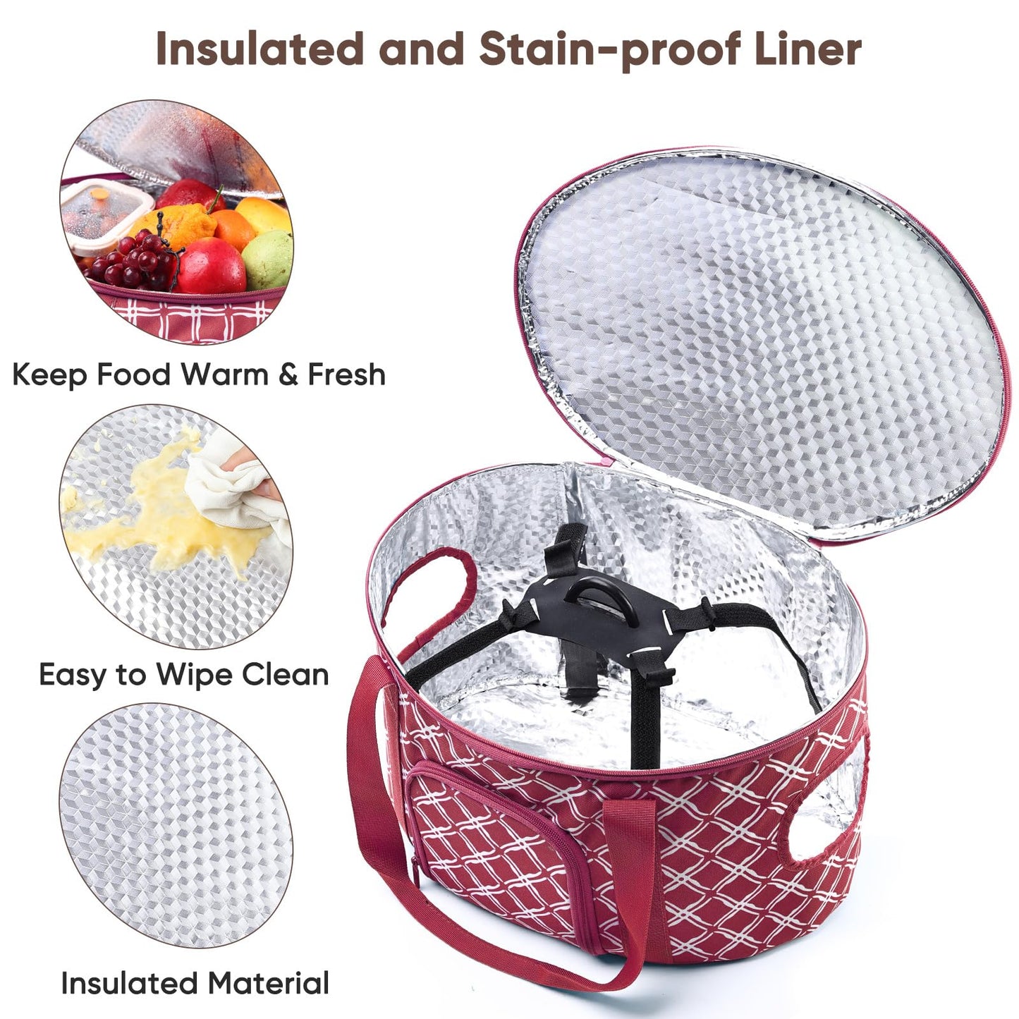 BAGSPRITE Double-layer Slow Cooker Carrying Case for Crock Pot 6-8 Quart, Insulated Crockpot Carrier with Adjustable Lid Straps,Portable Slow Cooker Travel Bag for Potluck, Parties, Family Gatherings