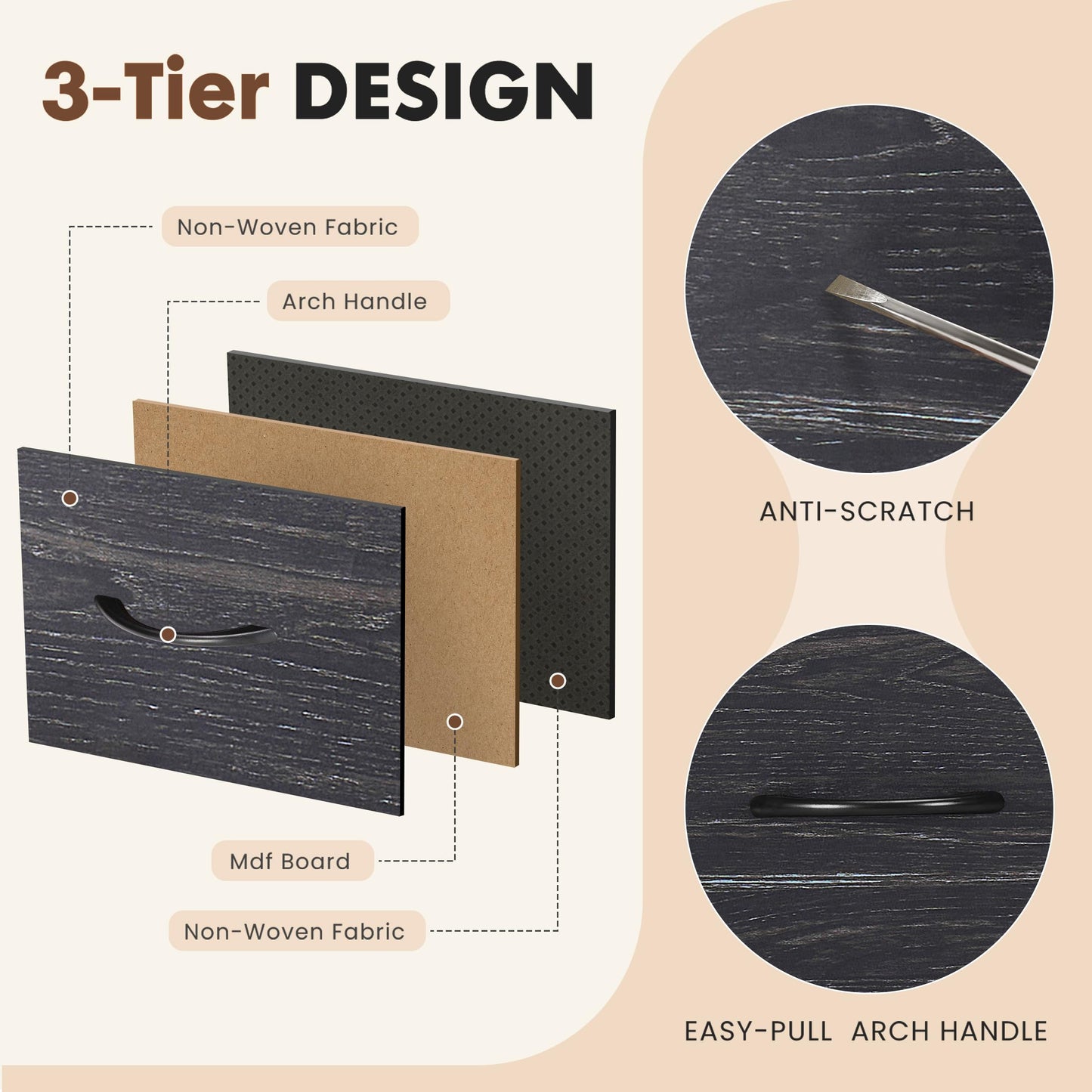 DUMOS Fabric Dresser for Bedroom with 8 Drawers, Tall 8-Drawer Chest of Drawers with Raised Shelf, Storage Tower with Fabric Bins for Closet Organization, Hallway Storage, Black Wood Grain Print