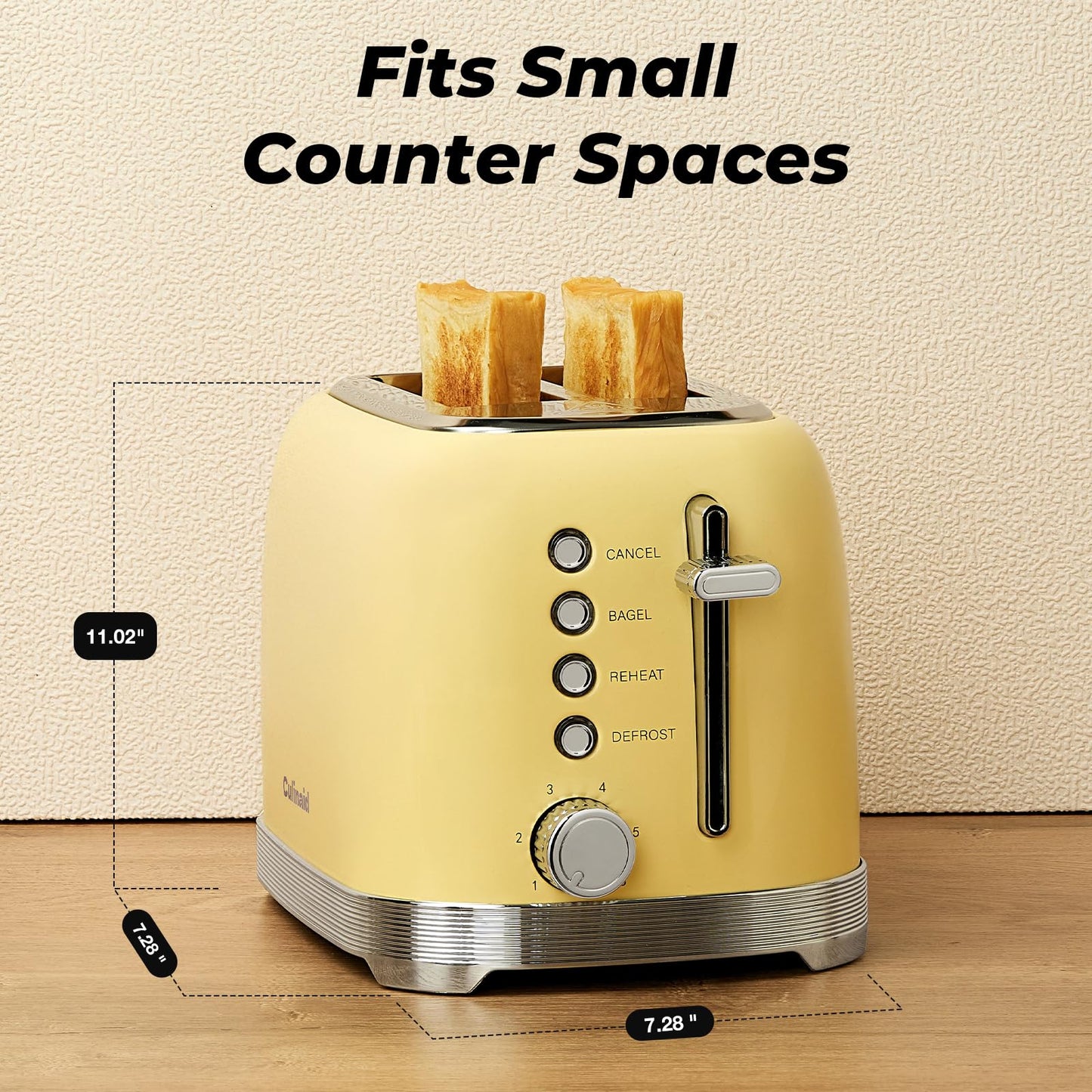 Culinaid Toaster 2 Slice Retro Stainless Steel with 1.5” Extra Wide Slots Bagel, Defrost, Reheat, Cancel Functions, 6 Bread Shade Settings, Removable Crumb Tray, Yellow