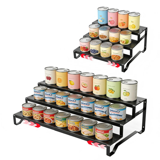 3 Tier Expandable Can Rack Organizer for Pantry, Adjustable 13"-21" Metal Soda Can Organizer, Pantry Organization Canned Food Storage Holder for Kitchen Cabinet Countertop, Black 1Pack