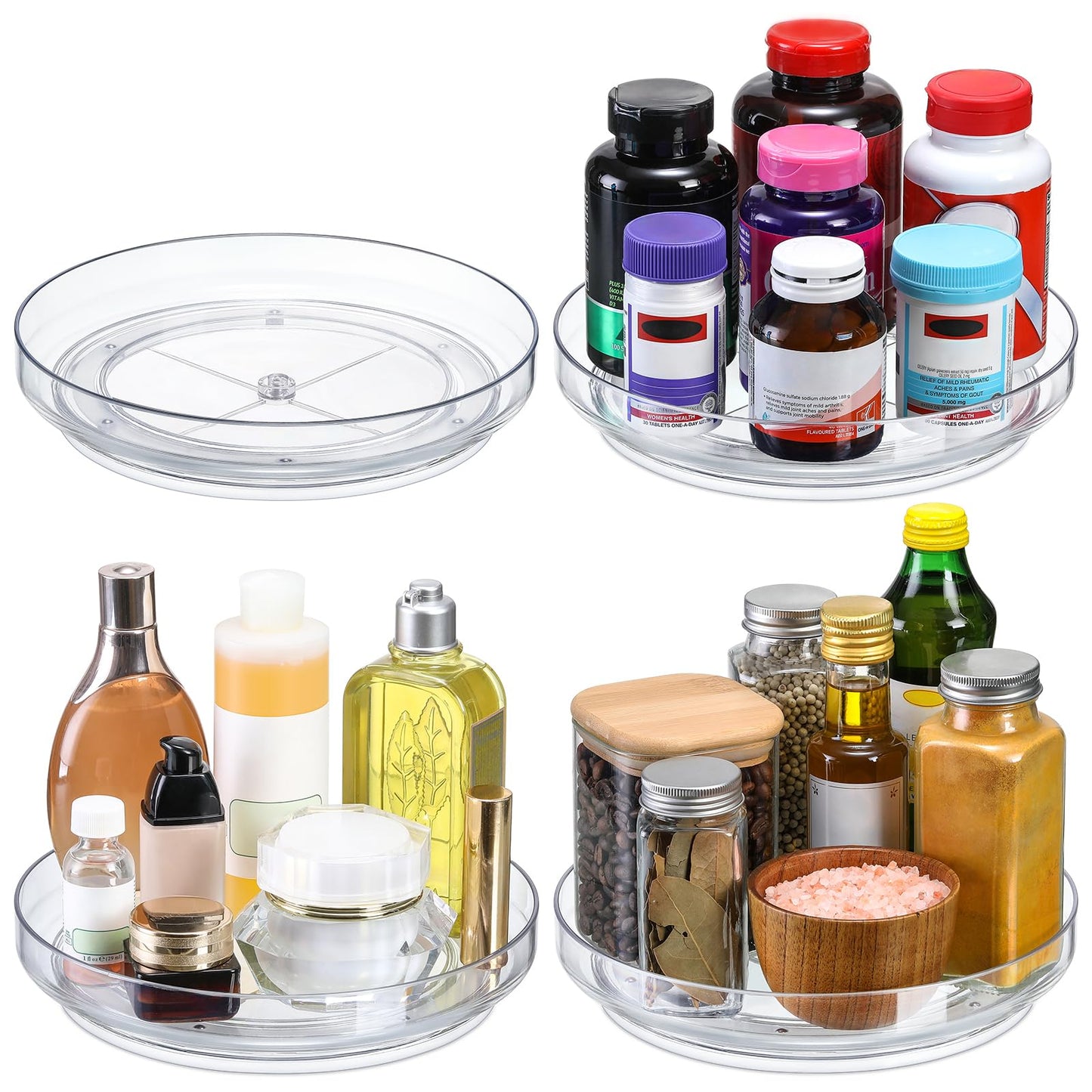 4 Pack, 10 Inch Clear Non-Skid Lazy Susan Organizers - Turntable Rack for Kitchen Cabinet, Pantry Organization and Storage, Fridge, Bathroom Closet, Vanity Countertop Makeup Organizing, Spice Rack