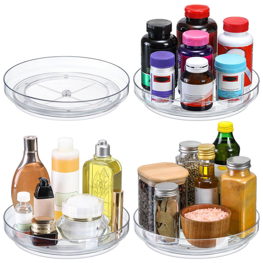 4 Pack, 10 Inch Clear Non-Skid Lazy Susan Organizers - Turntable Rack for Kitchen Cabinet, Pantry Organization and Storage, Fridge, Bathroom Closet, Vanity Countertop Makeup Organizing, Spice Rack