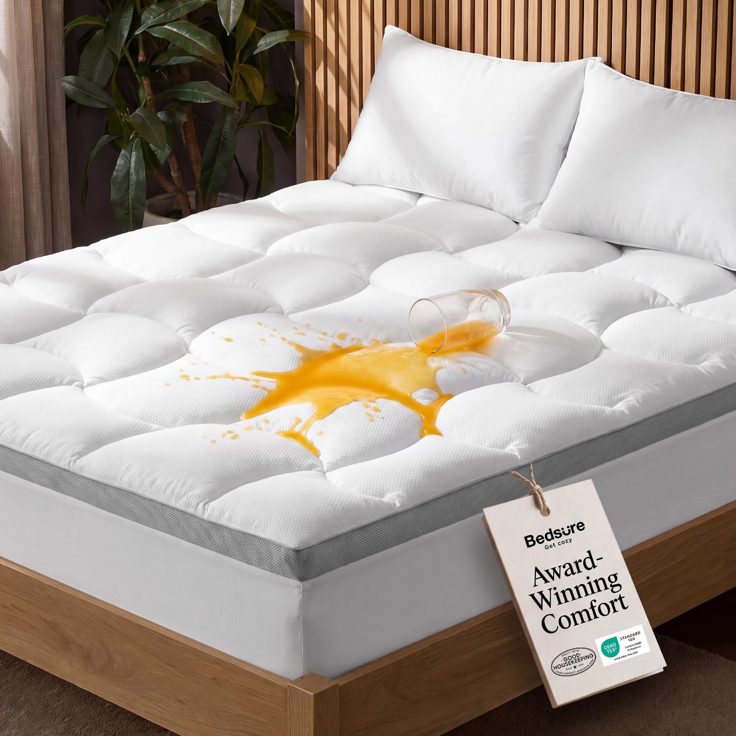 Bedsure Pillow Top Mattress Topper Queen-Waterproof Mattress Protector with 8-21 Inches Deep Pocket, 800 GSM Extra Thick Mattress Topper Queen Size Bed, Soft Cover Bed Topper for Home, Hotel - White