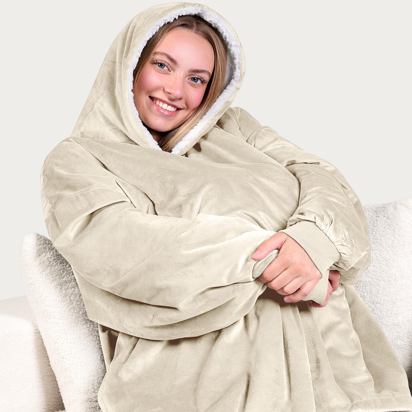 Bare Home Sherpa Fleece Wearable Blanket - Oversized Wearable Blanket Hoodie - Adult Size - Warm & Cozy - Soft Blanket - Comfortable Blanket Sweatshirt with Two Zipper Pockets (Adult, Oyster)
