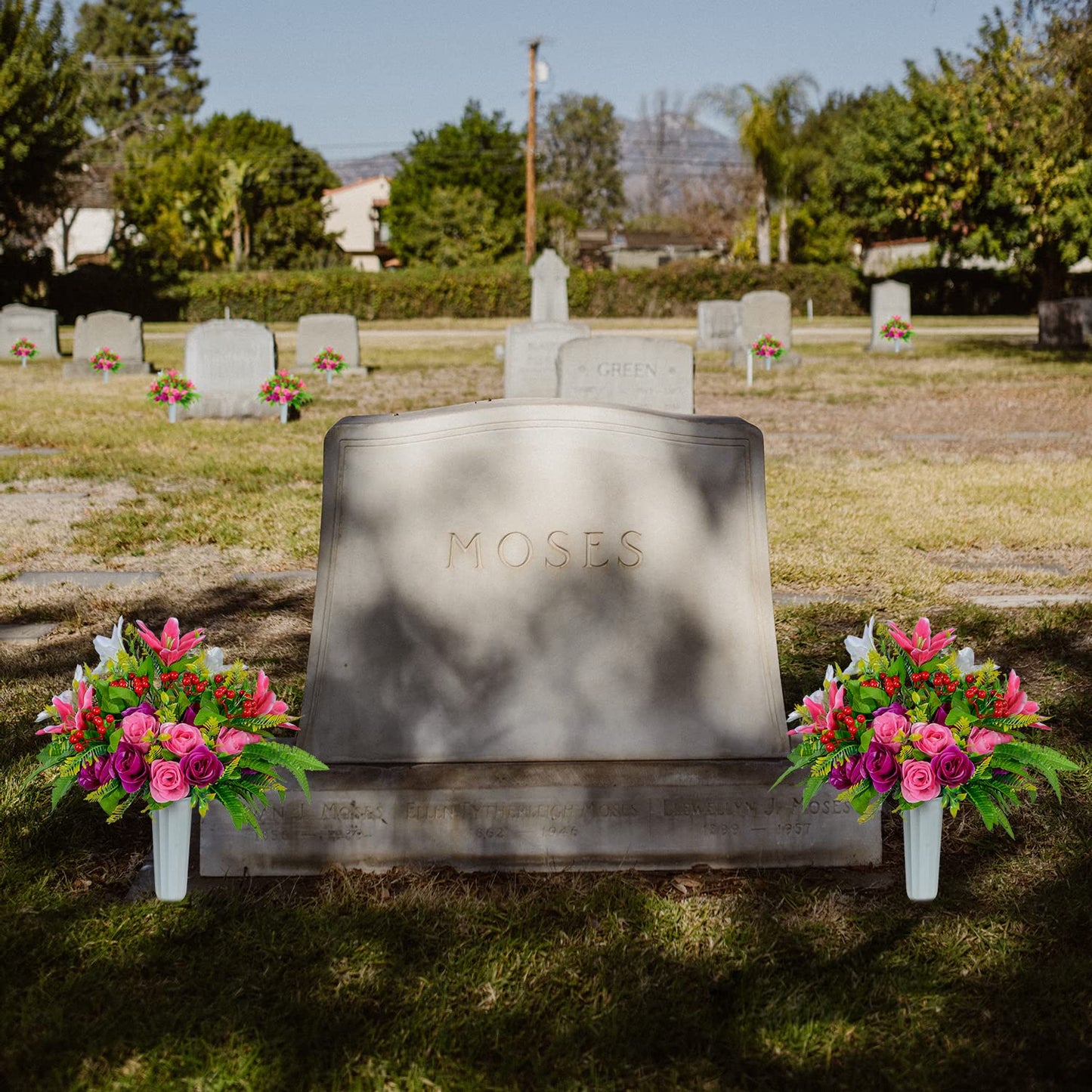 XONOR Artificial Cemetery Flowers with Vase, Set of 2 Artificial Rose Lily Bouquet Graveyard Memorial Flowers for Cemetery Headstones Decoration