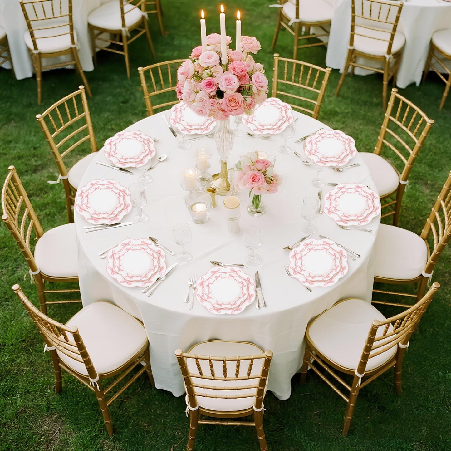LIYH 60 Pcs Pink Bow Plastic Plates for Party - Pink Scalloped Scalloped Plates Disposable Heavyduty for Decorative Tableware for Holiday Party Decor Supplies - 10.25" Dinner & 7.5" Dessert Plate