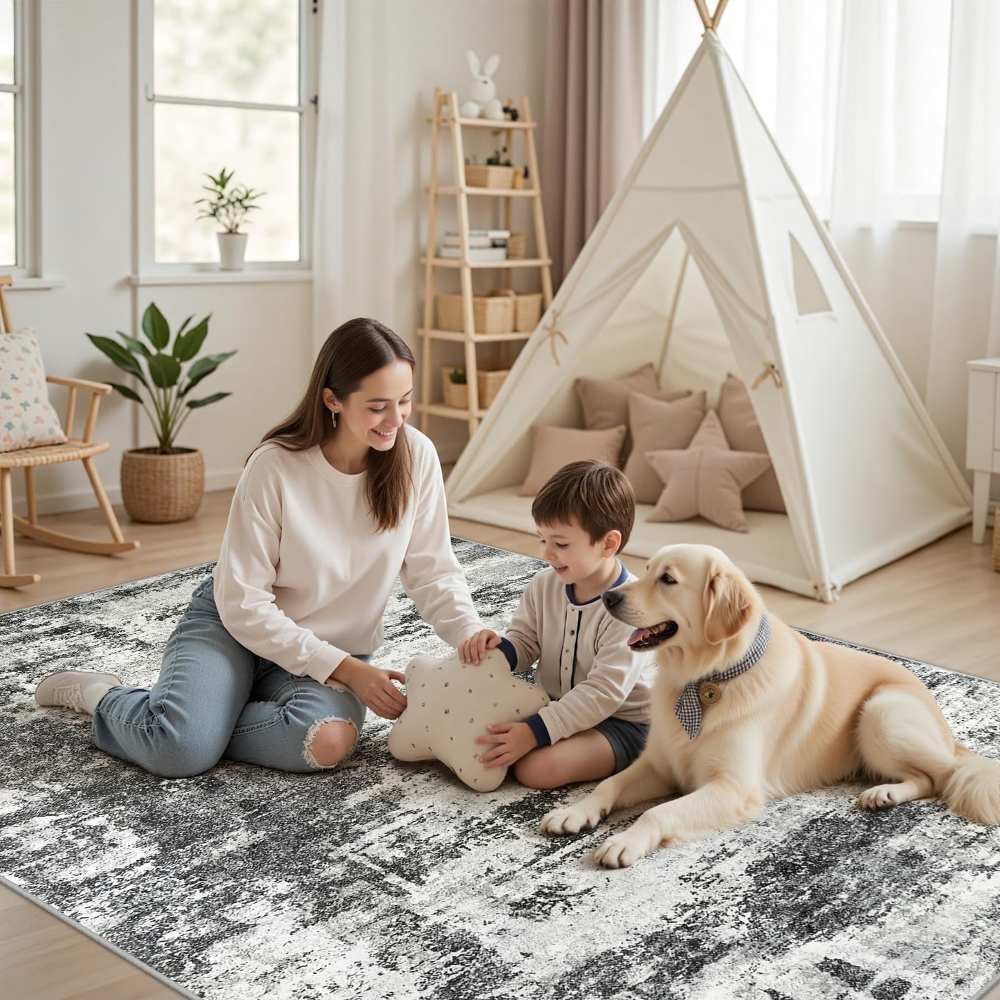 Area Rug Living Room Rugs: 5x7 Washable Rug with Anti-Slip Backing Non-Shedding Stain-Resistant Foldable Modern Abstract Carpet for Bedroom Dining Room Nursery Home Office - Black