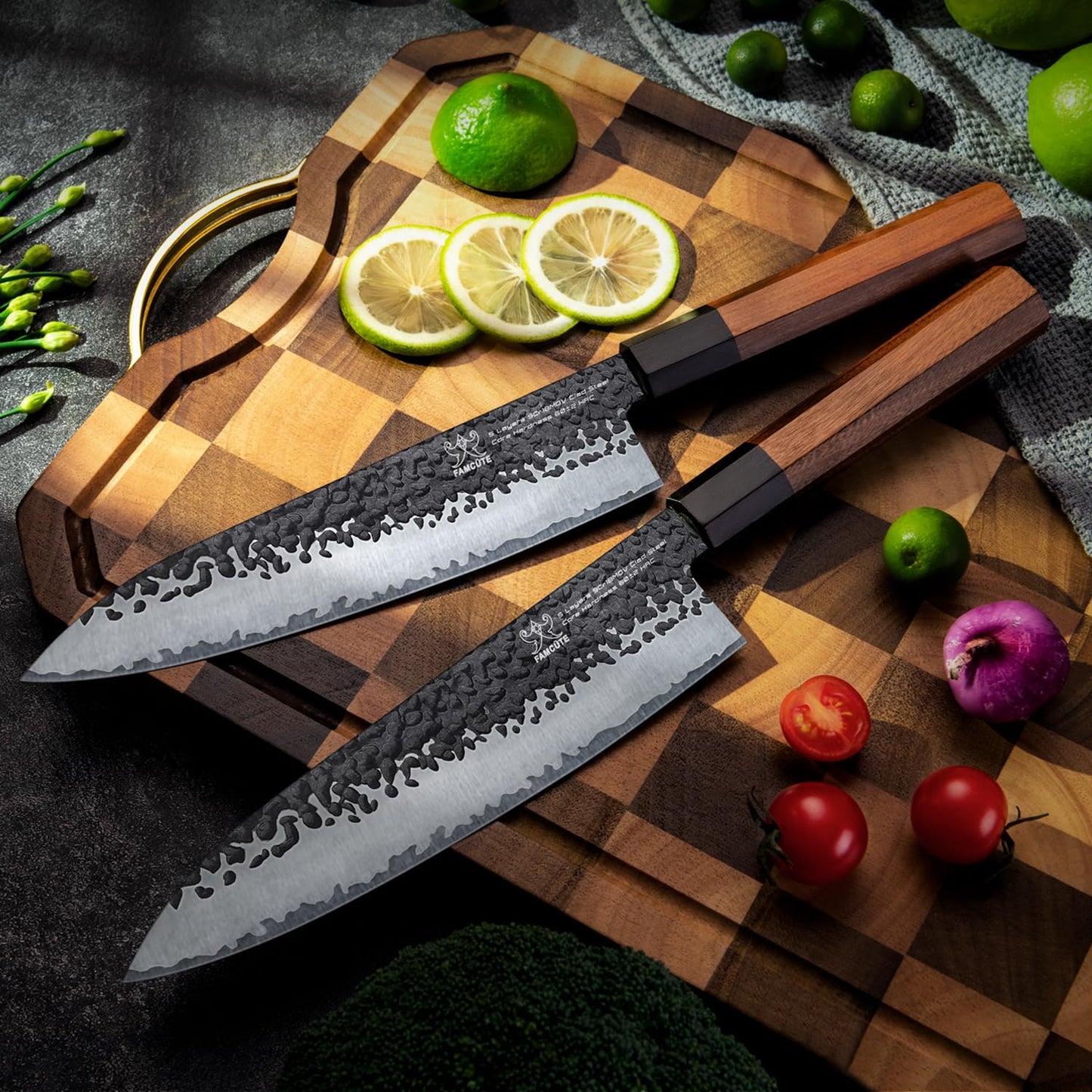 FAMCÜTE 8 Inch Japanese Knife, Hand Forged 5 Layers High Carbon 9CR18MOV Steel Rosewood Handle Chef Knife, Ultra Sharp Durable Professional Kitchen Knife, A Thoughtful Father Day Gifts for Men