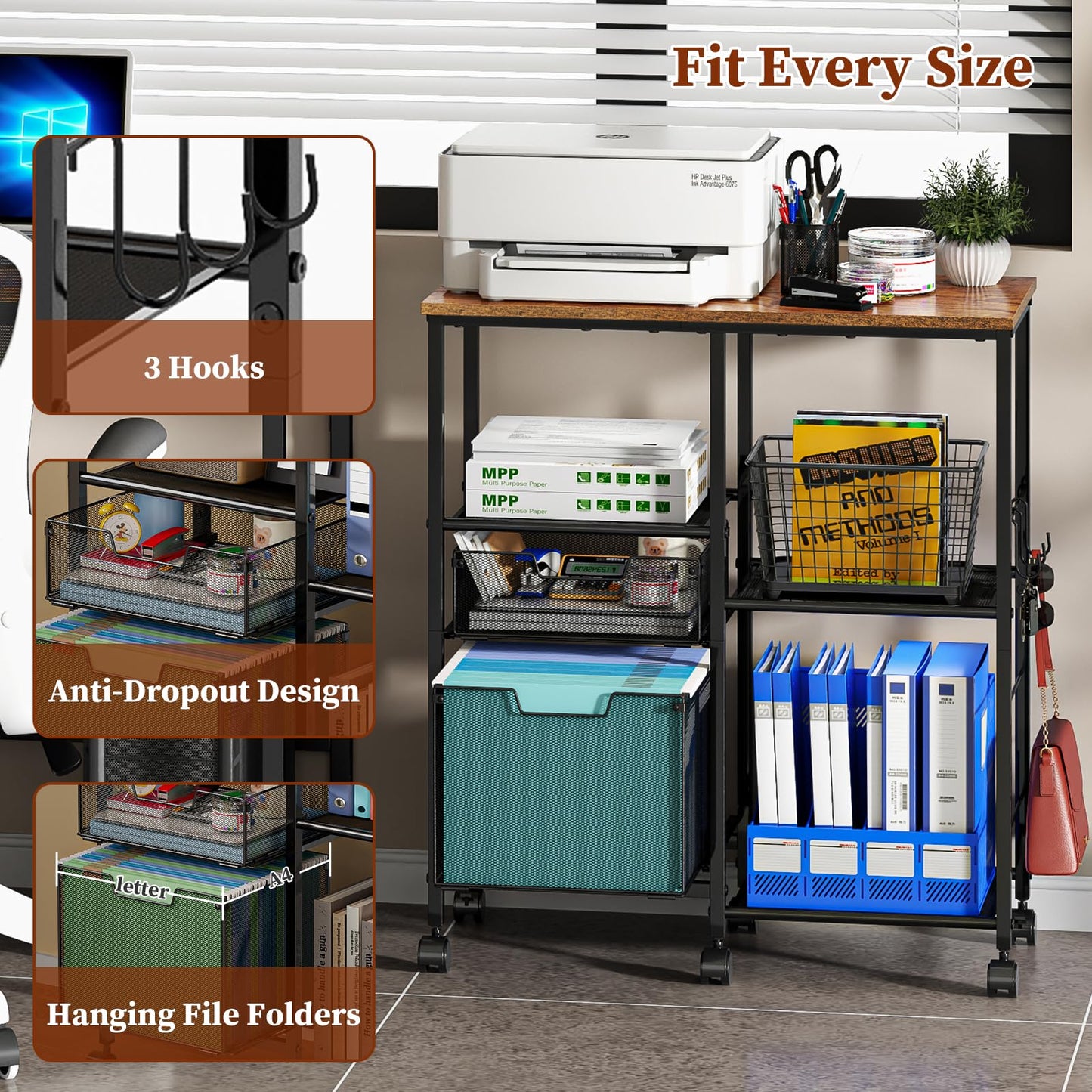 Tiaoheka Rolling File Cart with Wheels,Lateral File Cabinet with 2pcs Drawers,Rolling Printer Stand Cart with Open Storage Shelf,Hanging Filing Cabinet Organizer Cart Fits Letter Size for Home Office