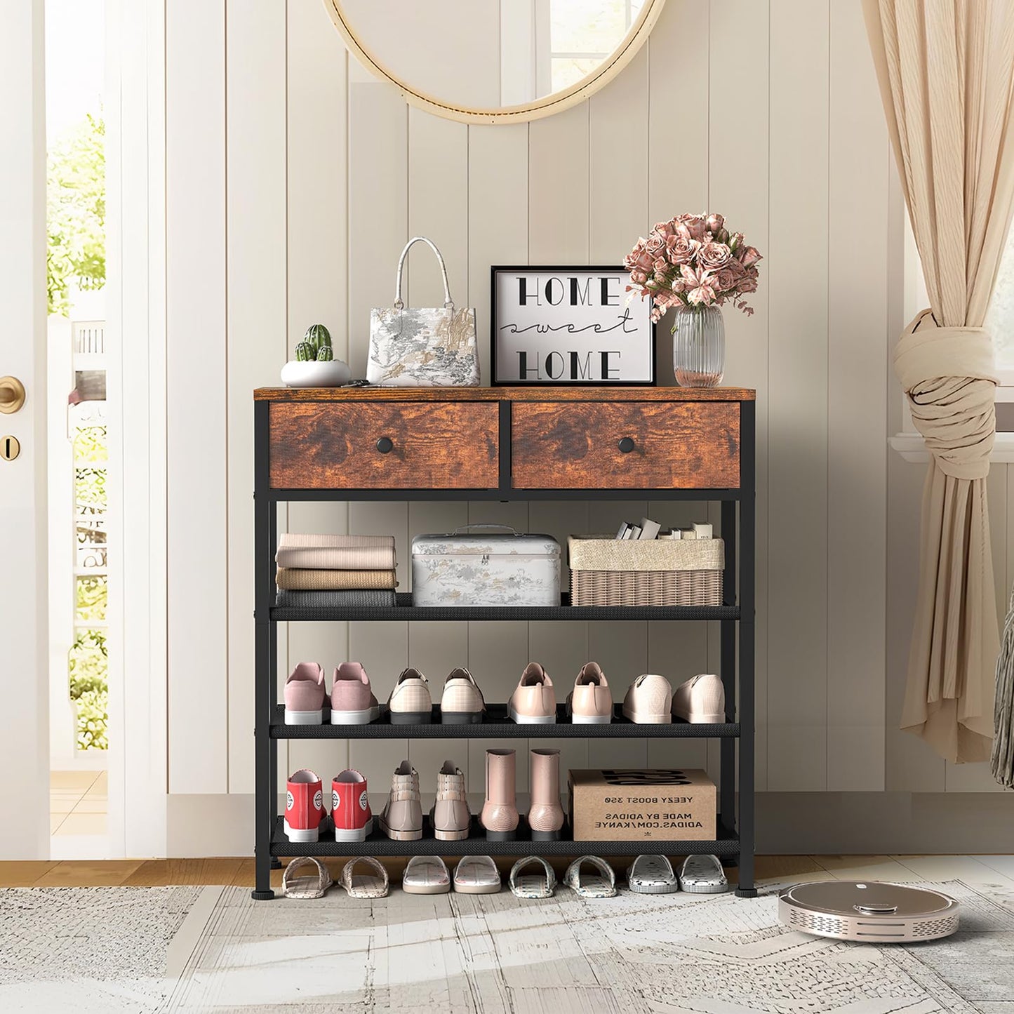 usikey Shoe Rack, 4 Tier Shoe Storage Organizer with 2 Drawers, Metal Shoe Shelf for 9-12 Pairs of Shoes, with 3 Oxford Fabric Shelves and Wooden Top, Shoe Stand for Entryway, Rustic Brown UNYXJX012F