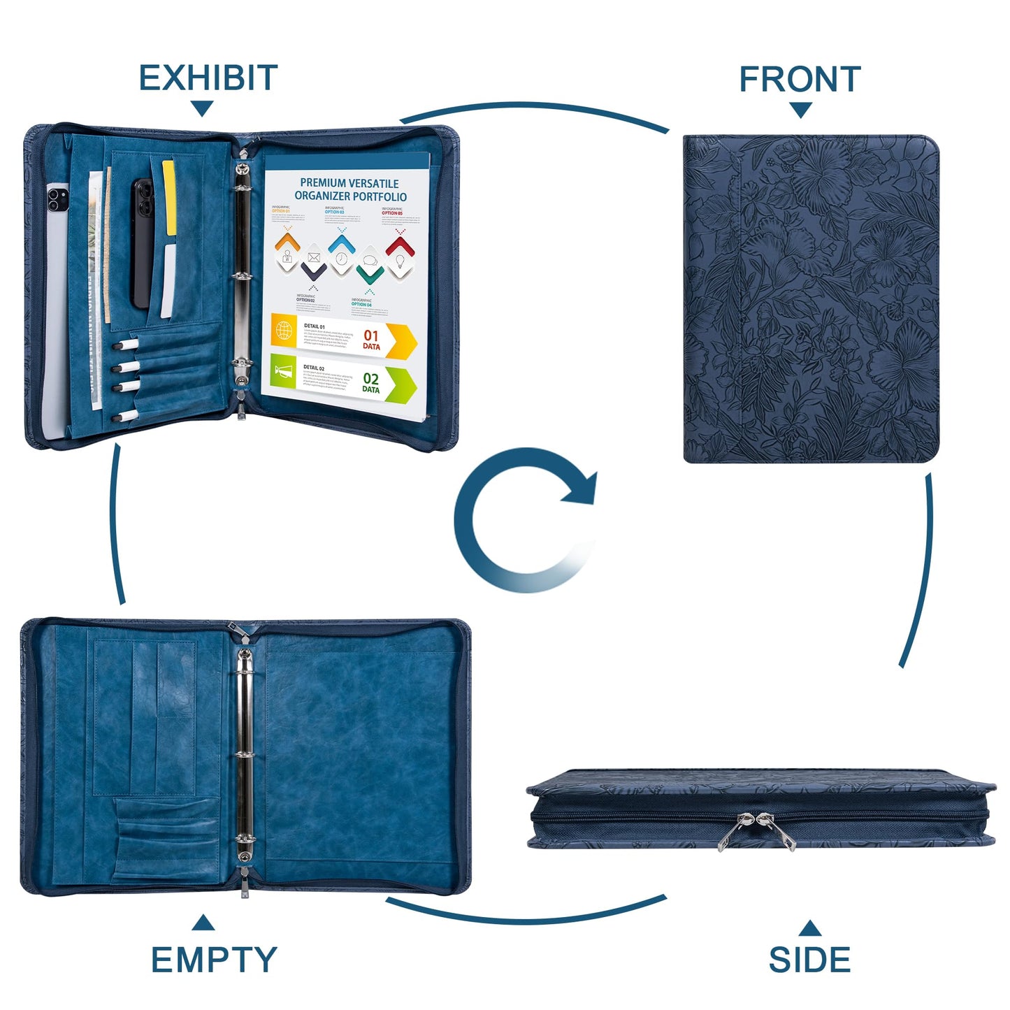 Dark Blue Embossed Vegan Leather Portfolio for Women, 3 Ring Portfolio Binder with Zipper, A4 Planner Binder with Laptop Pocket, Padfolio Legal Size,WorkBinder Organizer for Women