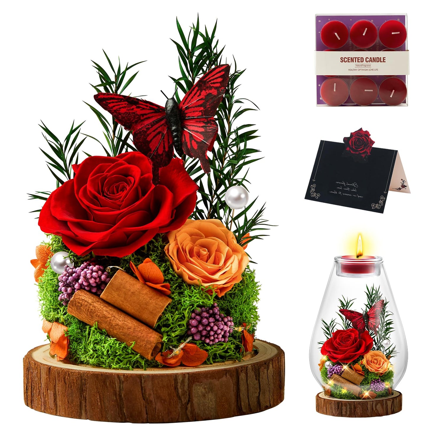Birthday Gifts for Women Preserved Flowers Red Roses Candle Holder in Glass Dome Gift for Mom Birthday Gift Forever Flowers for Anniversary Real Flowers Eternal Rose for Proposal Wedding