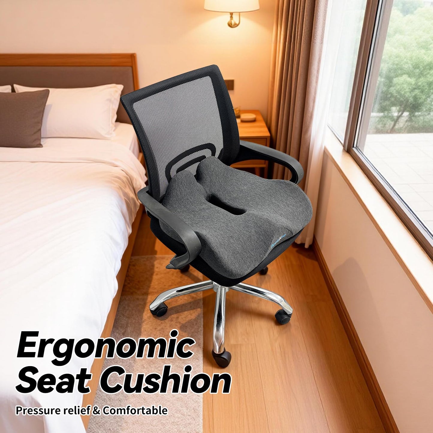 Bangkee 18x16 Inch Memory Foam Seat Cushion for Office Chair, Car & Travel, Ergonomic Chair Cushions for Long Sitting, Thick Supportive Seat Pad with Non-Slip Bottom, Washable Cover, Black