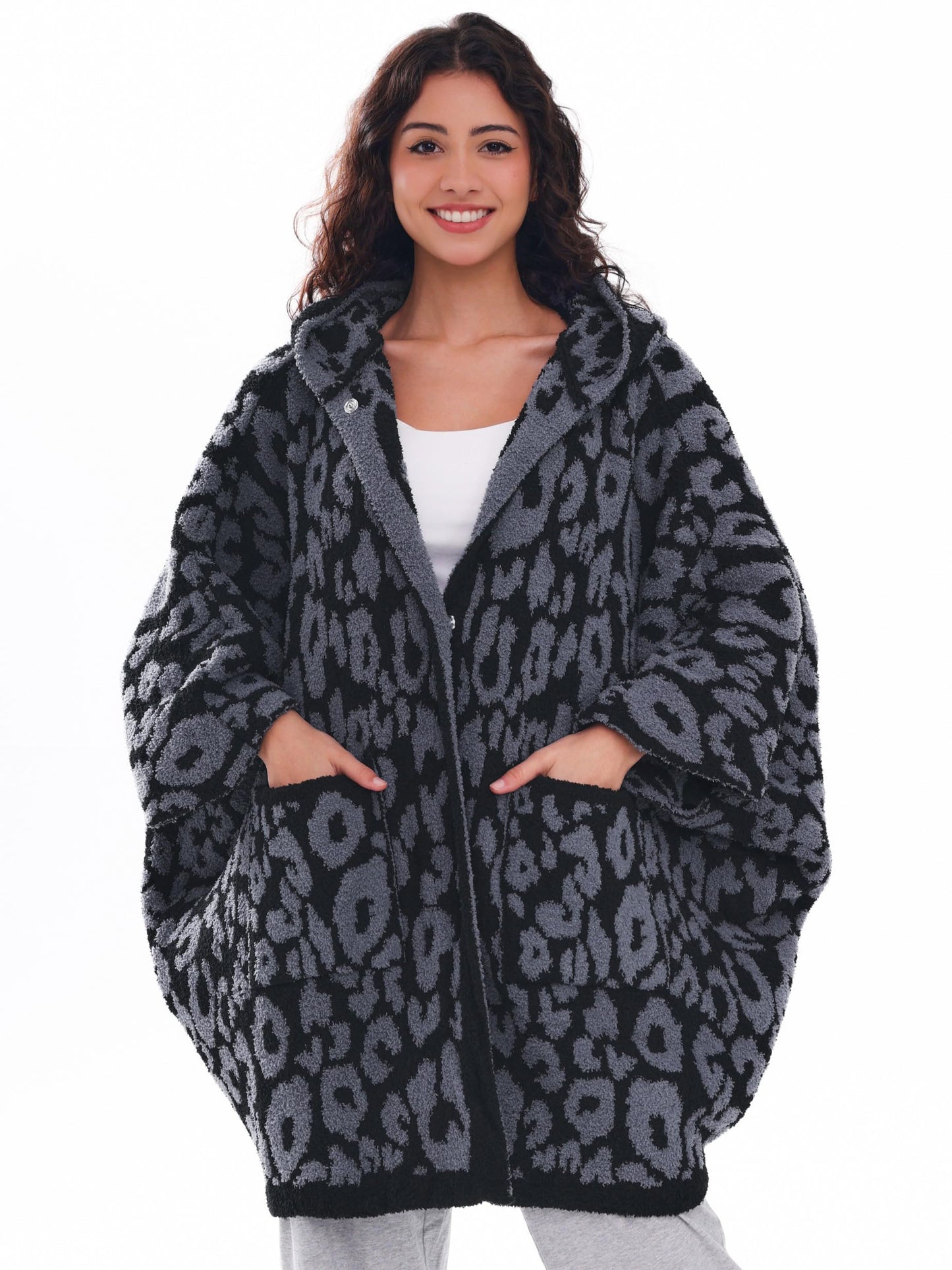 WDCOZY Wearable Blanket Hoodie Poncho Throw Comfy Soft Warm Cape Shawl Cozy Cloak Wrap Hooded with Sleeves For Adults Leopard