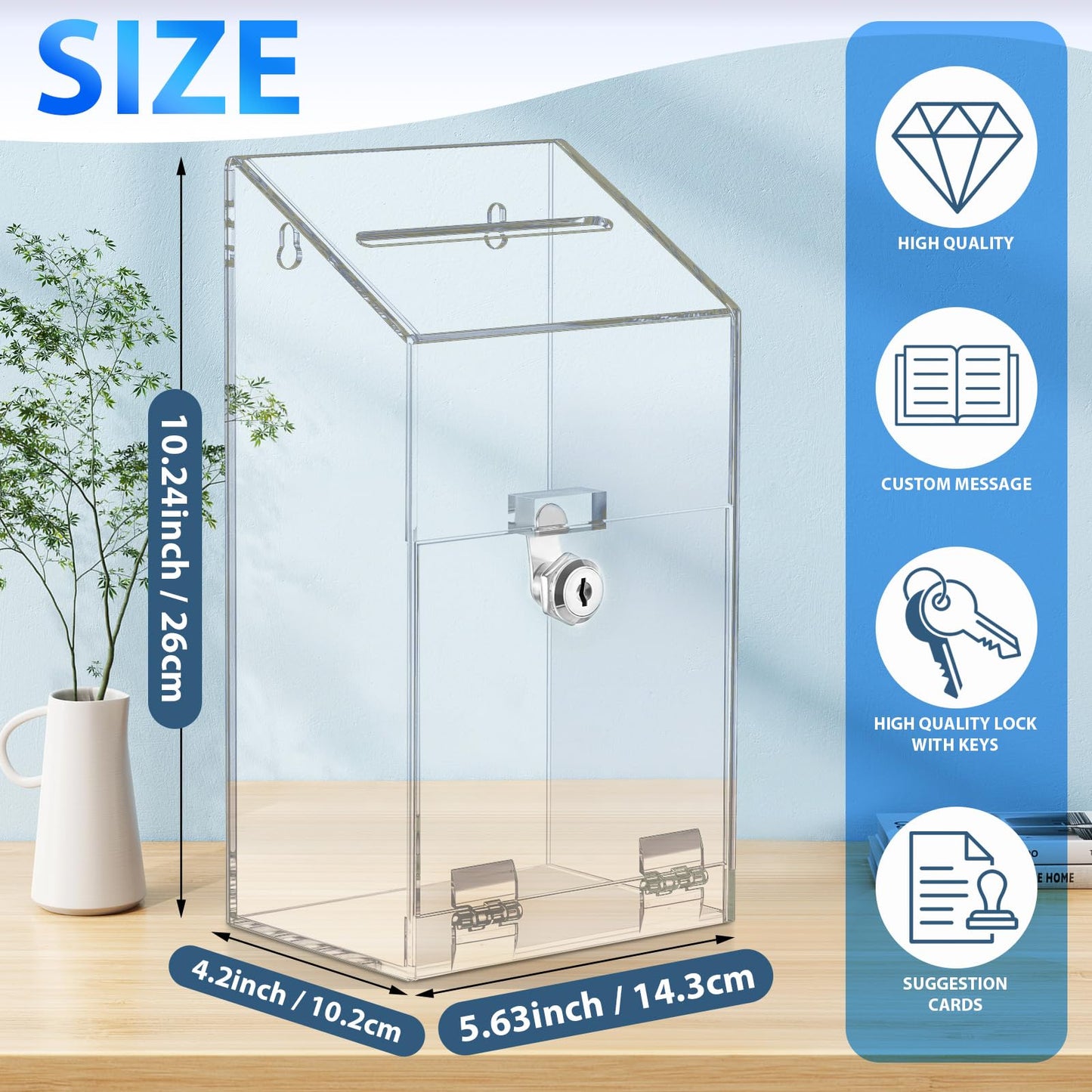 Juexica 2 Pcs Clear Acrylic Donation Box with Lock and Slot, Wall Mountable Suggestion Box, Ballot Case, Raffle Ticket Boxes for Office, School, Church, Voting & Fundraising