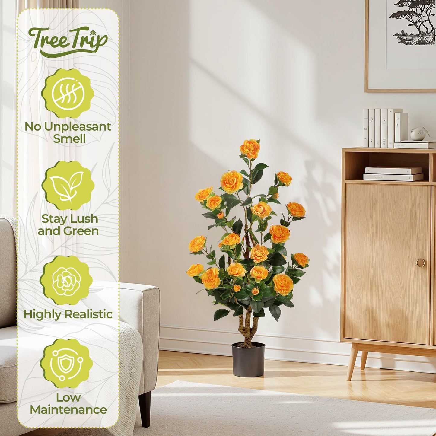 TreeTrip Artificial Camellia Tree 3.3 FT 2 Pack, Christmas Decor Fake Camellia Plant with Blooming Flowers&Natural Wood Trunk, Greenery Faux Potted Plant for Home Office Winter Indoor (Orange, 3.3FT)